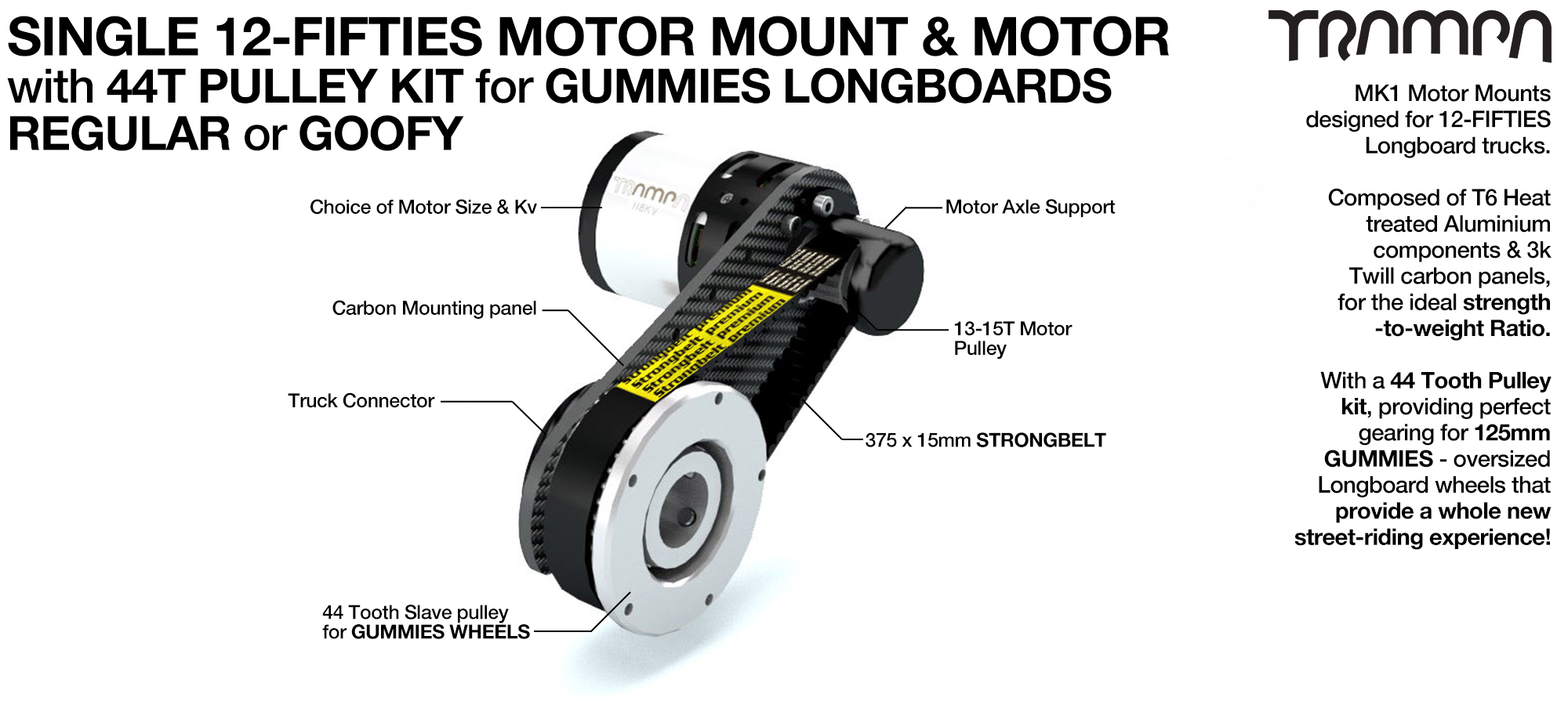 Original 12FiFties Motor Mount with Custom Motor & 44 Tooth Pulley Kit for GUMMIES Wheels - SINGLE