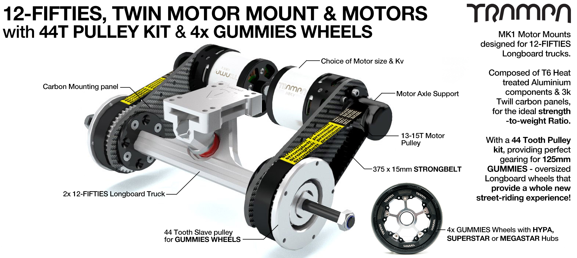 TWIN Original 12FiFties Motor mount & 44 Tooth Pulley Kit with MOTOR & 2x 12FiFties Trucks & 4x Gummies Wheels