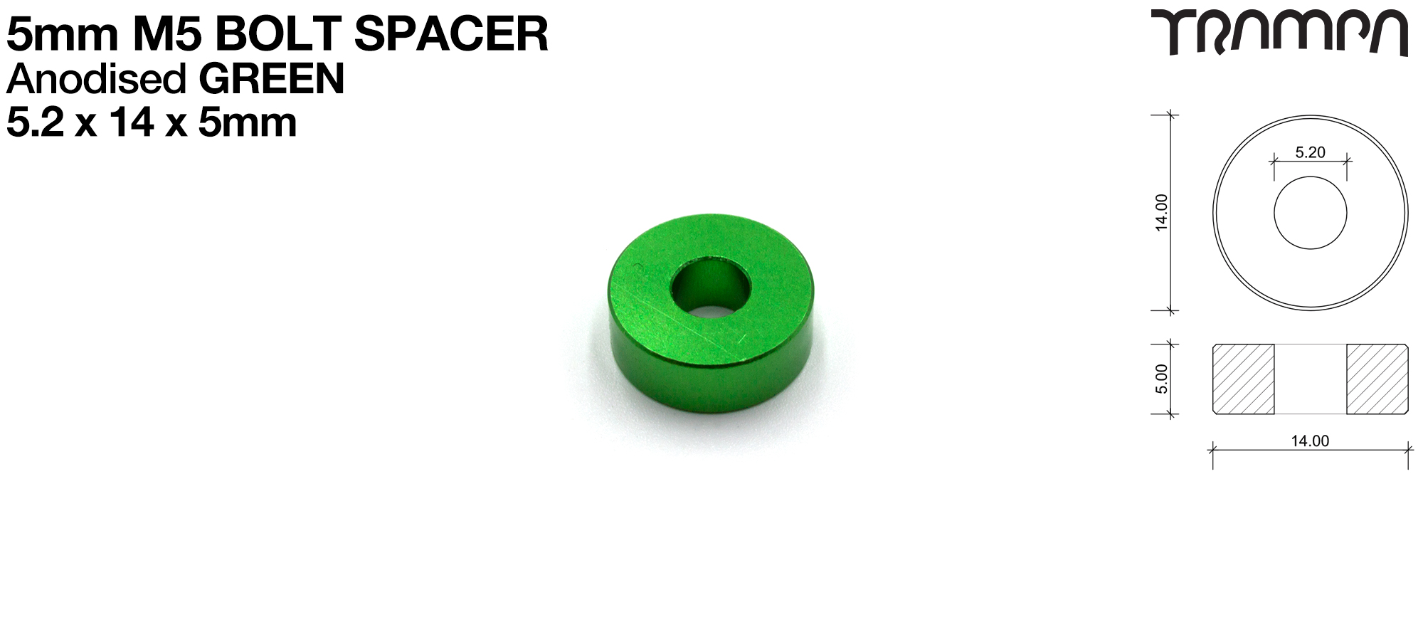 M5 x 5mm Spacer - GREEN - 5.2 ID x 14 OD x 5mm Wide