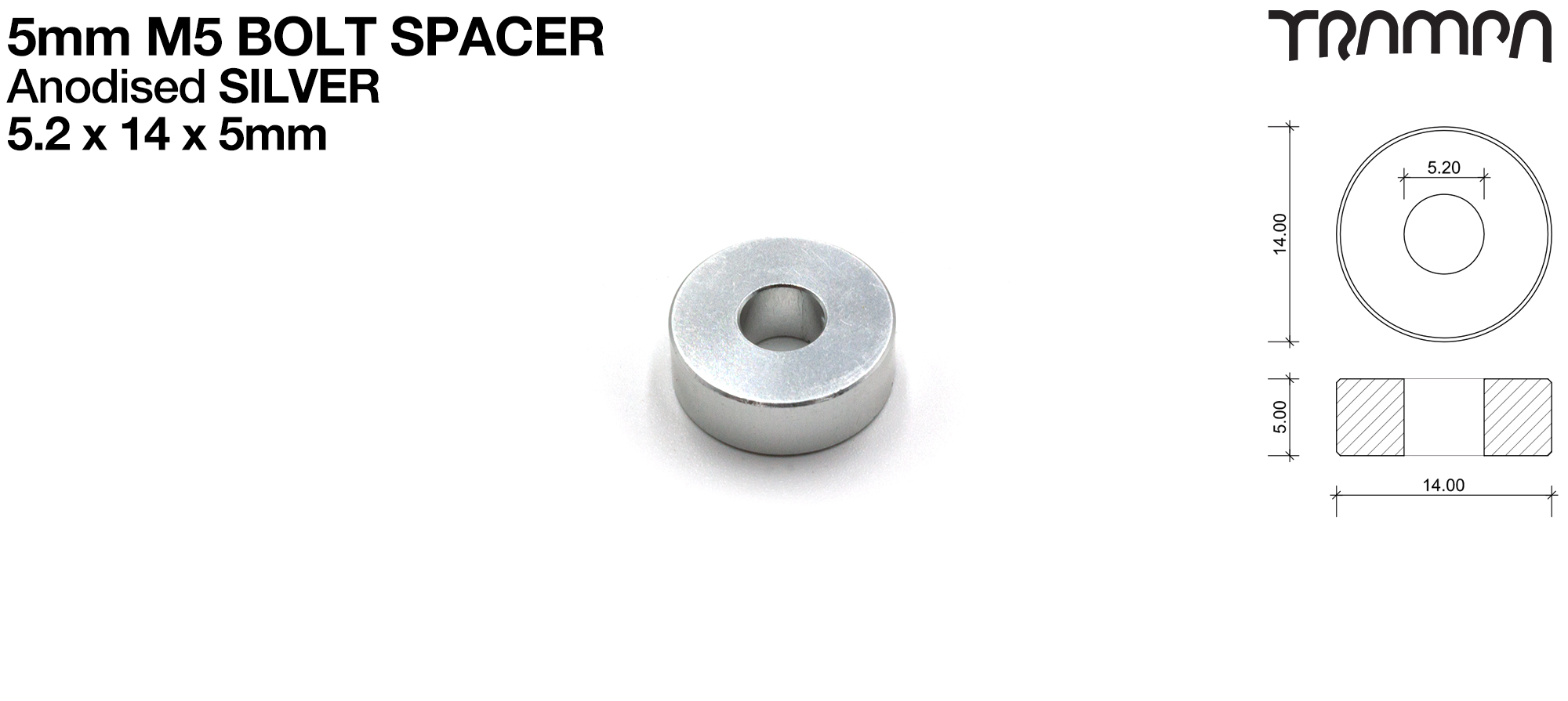 M5 x 5mm Spacer - SILVER - 5.2 ID x 14 OD x 5mm Wide