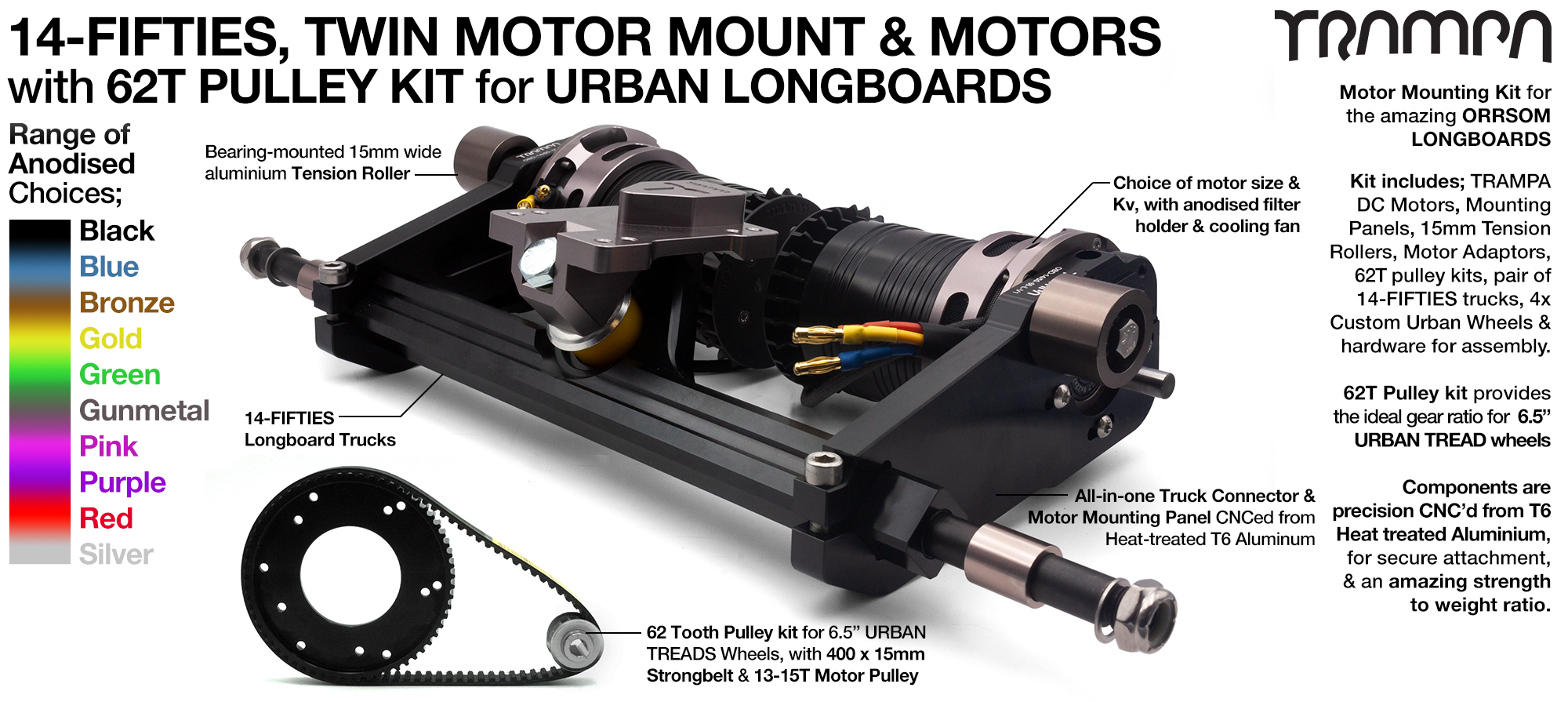 14FiFties Truck with Motor mount, Motor & 62 Tooth Pulley Kit & 4x URBAN Wheels - TWIN