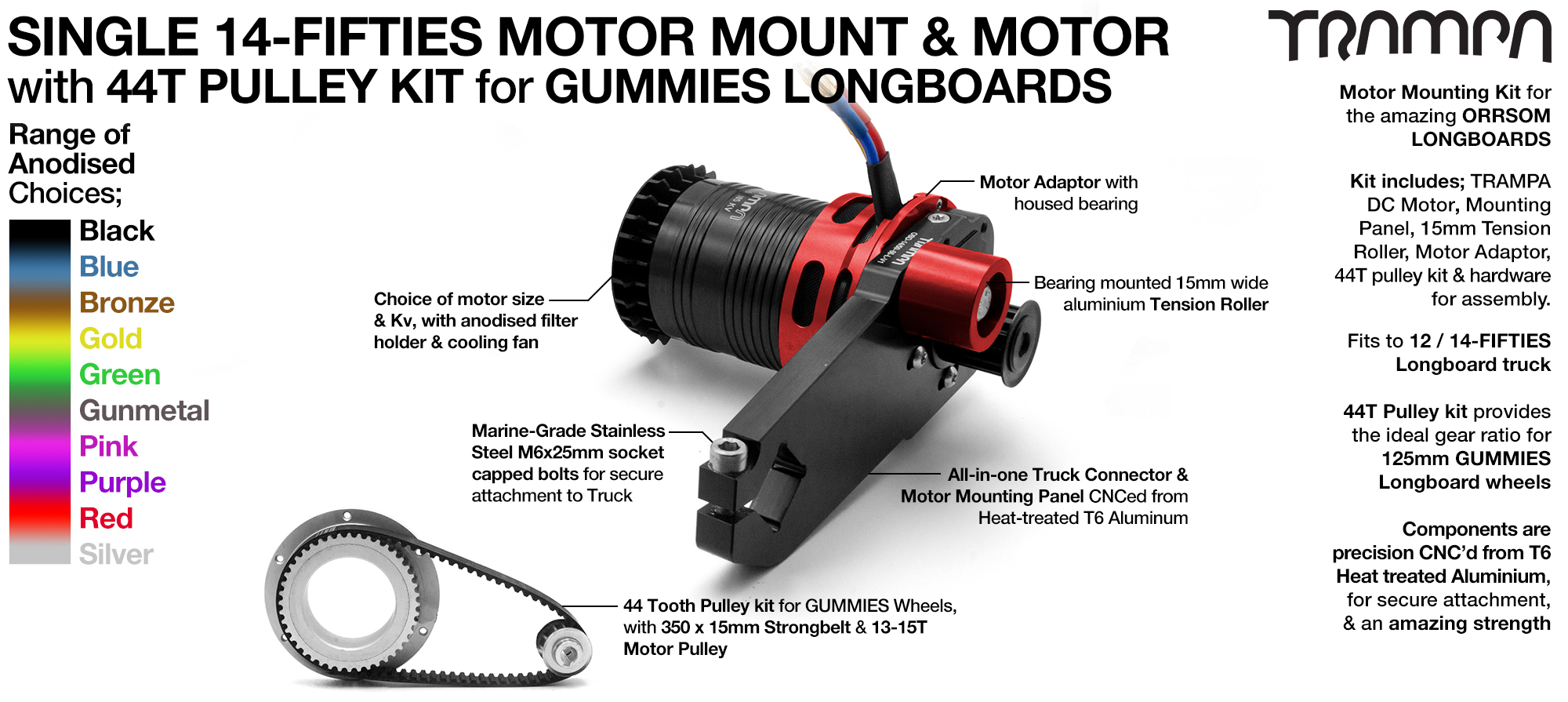  14FiFties Motor Mount with Custom Motor & 44 Tooth Pulley Kit for GUMMIES Wheels - SINGLE