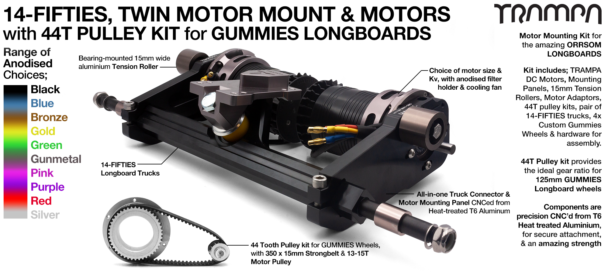 14FiFties Truck with Motor mount, Motor & 44 Tooth Pulley Kit & 4x GUMMIES Wheels - TWIN