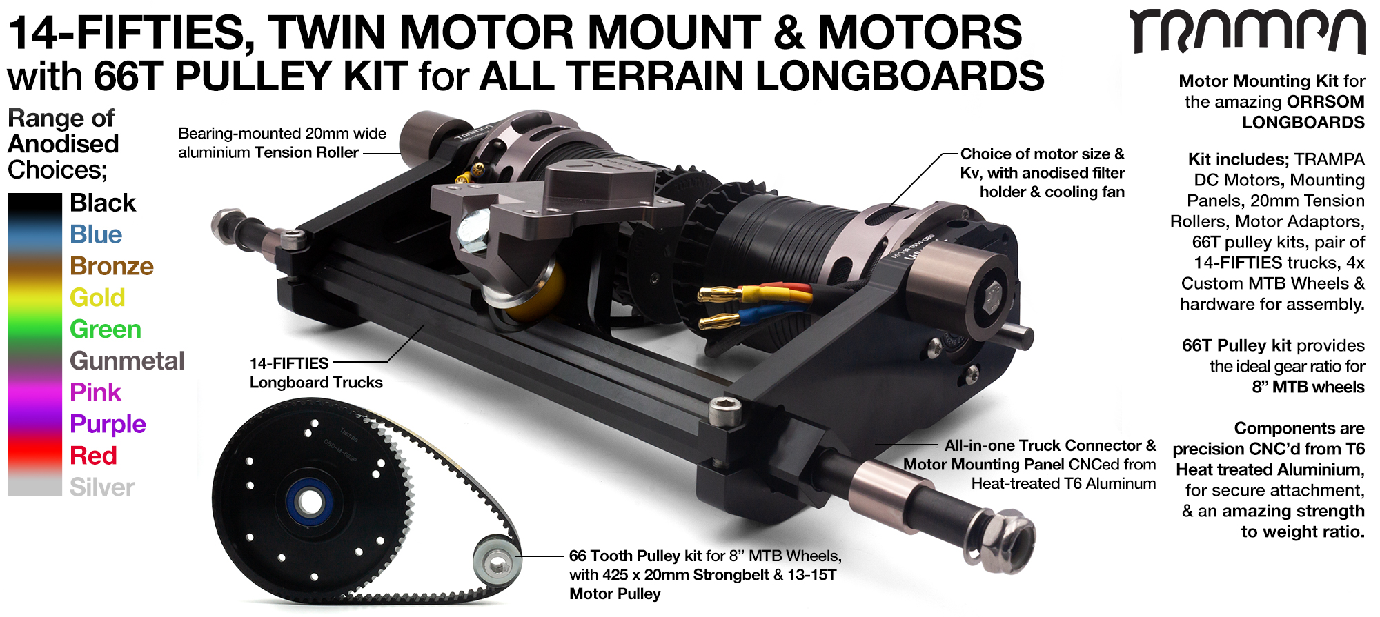 14FiFties Truck with Motor Mount & Motor & 66T Pulley Kit & 4x 8 Inch Wheels - TWIN