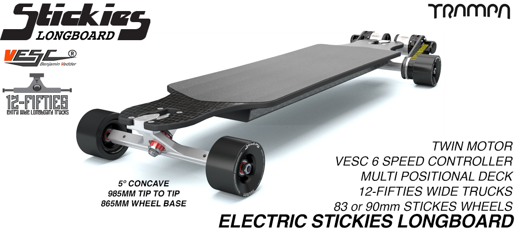TRAMPA's 12FiFties ORRSOM Electric Longboard with STICKIES Longboard wheels TWIN MOTOR - FULLY LOADED