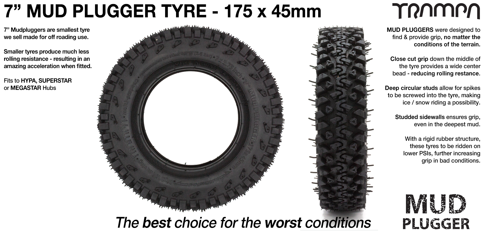 TRAMPA MUD-PLUGGER 7 Inch Tyre measures 3.75x 2x 7 Inch or 175x 45mm with 3.75 inch Rim & fits all 3.75 inch Hubs