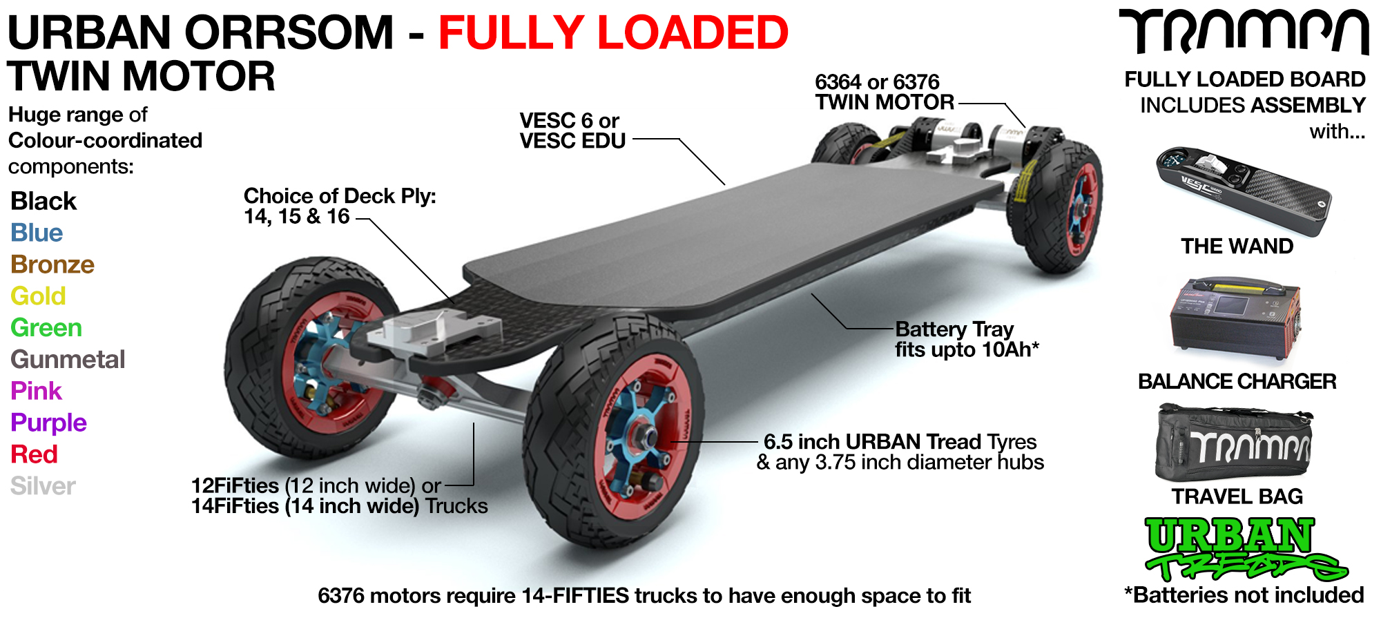 TRAMPA's 12FiFties ORRSOM Electric Longboard with URBAN TREADS Pneumatic Tyres TWIN Motor - FULLY LOADED