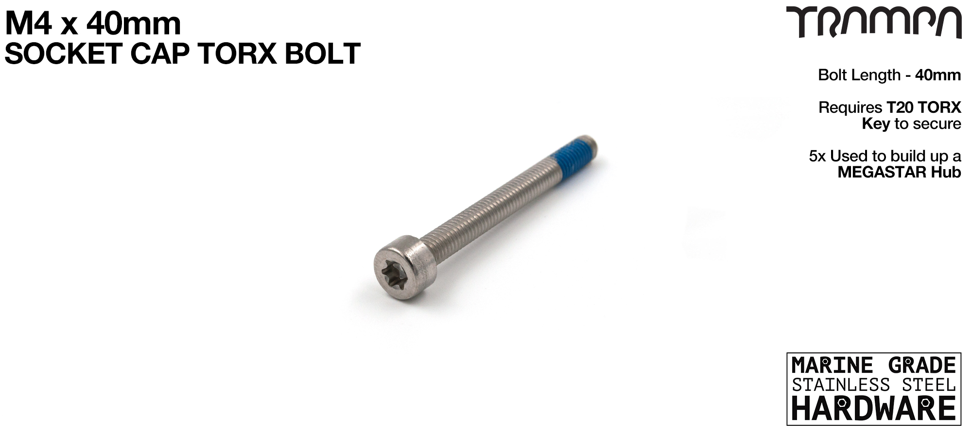 M4 x 40mm Socket Capped TORX Bolt - Marine Grade Stainless steel with locking paste 