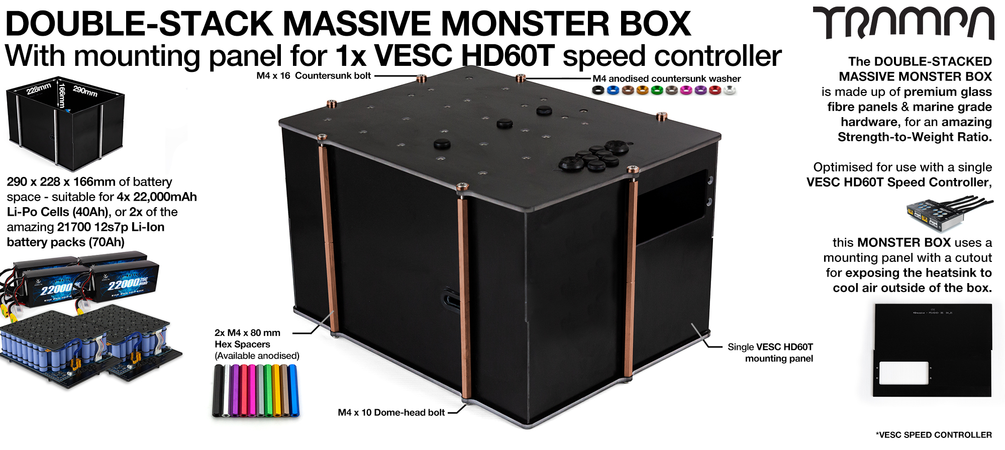 2WD DOUBLE STACK MASSIVE MONSTER Box with 1x VESC HD-60Twin Mounting Panel