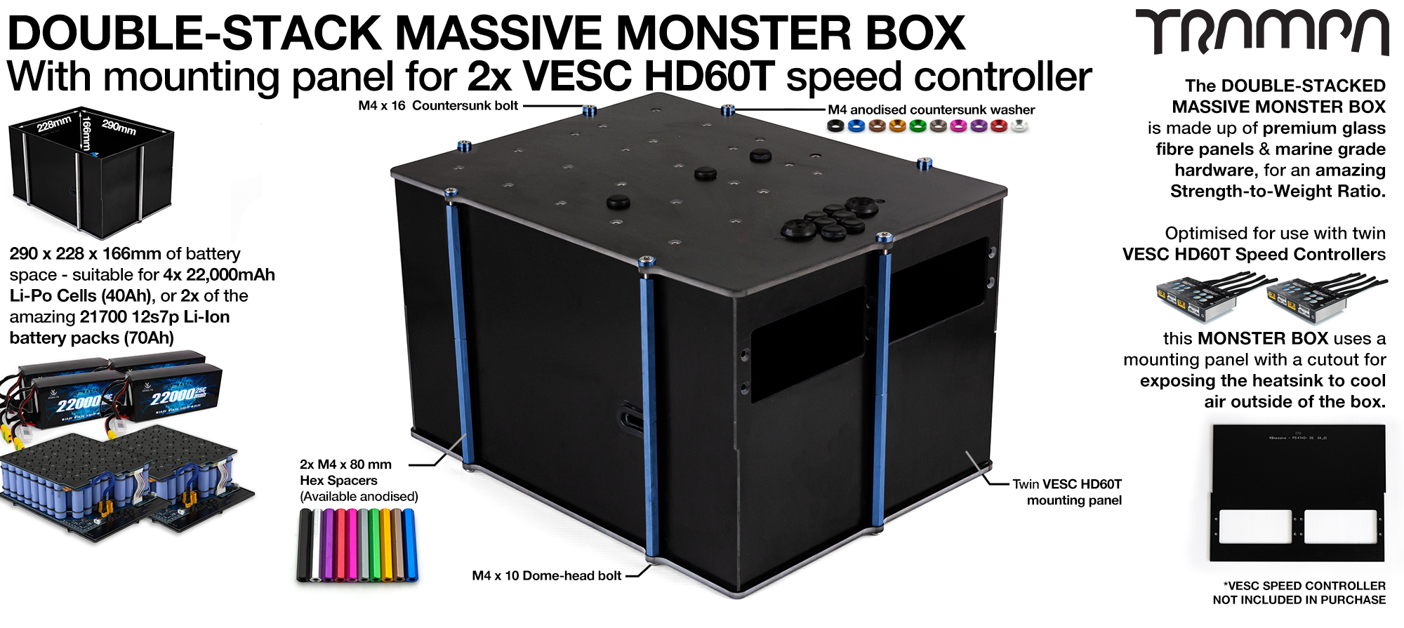 4WD DOUBLE STACK MASSIVE MONSTER Box with 2x VESC HD-60Twin Mounting Panel