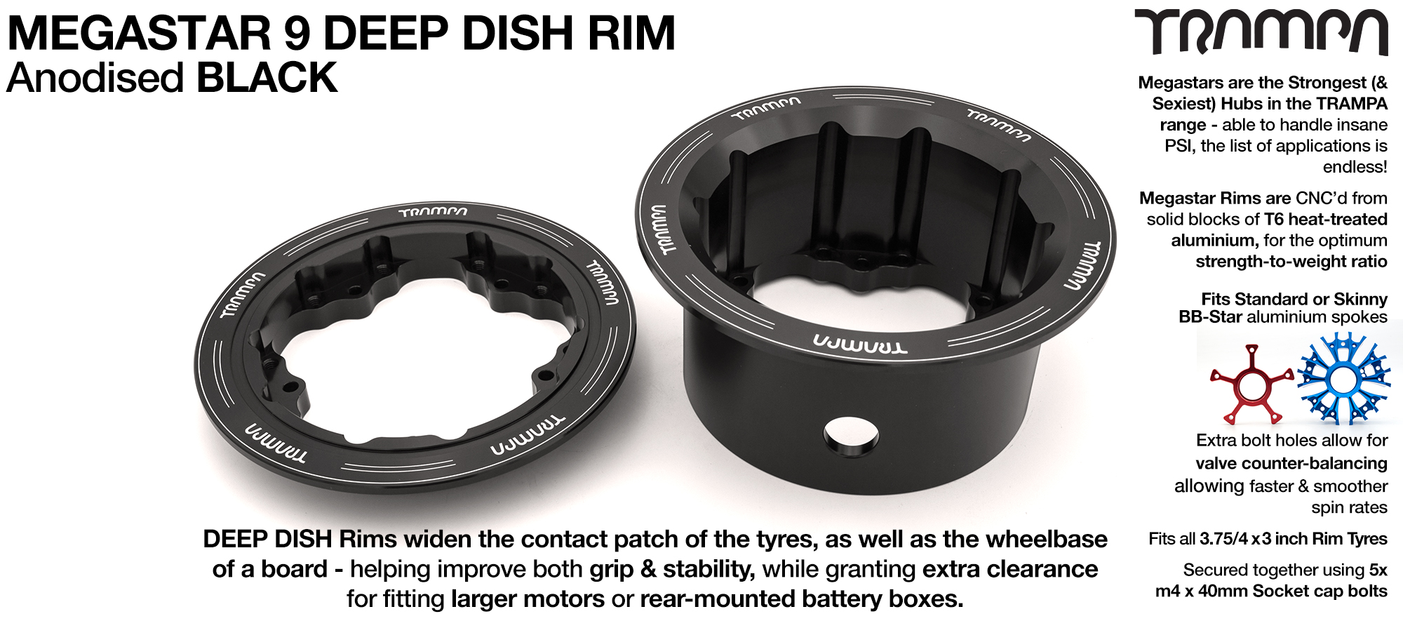 MEGASTAR 9 DEEP-DISH Rims Measure 3.75/4x 3 Inch. The Bearings are positioned OFF-SET & accept 4 Inch Rim Tyres to make 9 or 10 inch Wheels - BLACK