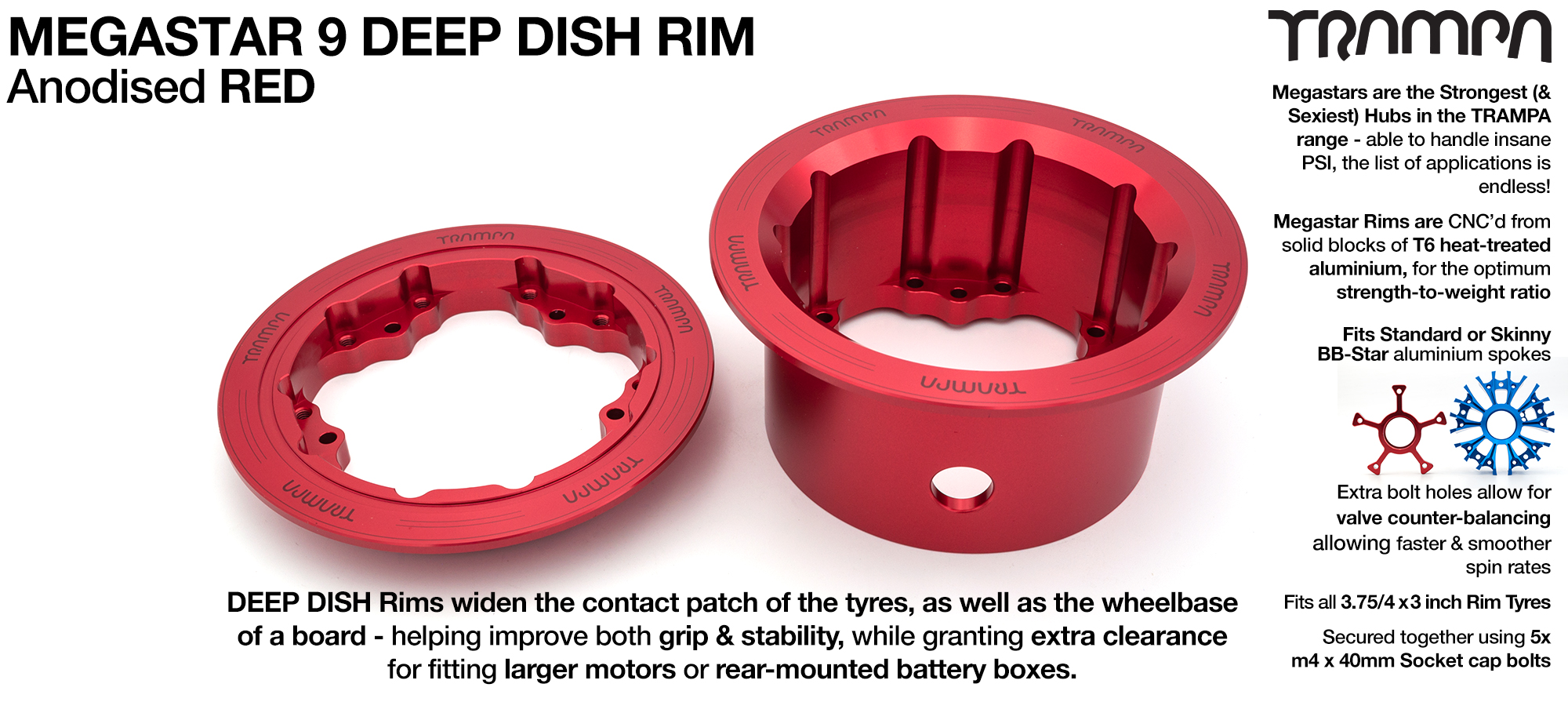 MEGASTAR 9 DD Rims Measure 3.75/4x 3 Inch. The Bearings are positioned DEEP-DISH OFF-SET & accept 3.75 & 4 Inch Rim Tyres - RED