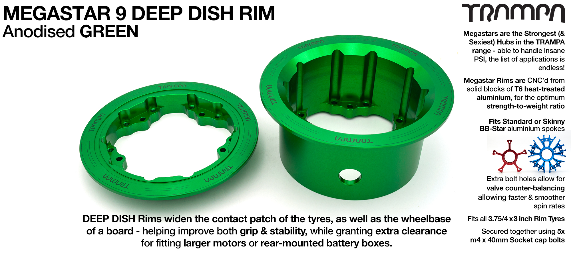MEGASTAR 9 DD Rims Measure 3.75/4x 3 Inch. The Bearings are positioned DEEP-DISH OFF-SET & accept 3.75 & 4 Inch Rim Tyres - GREEN