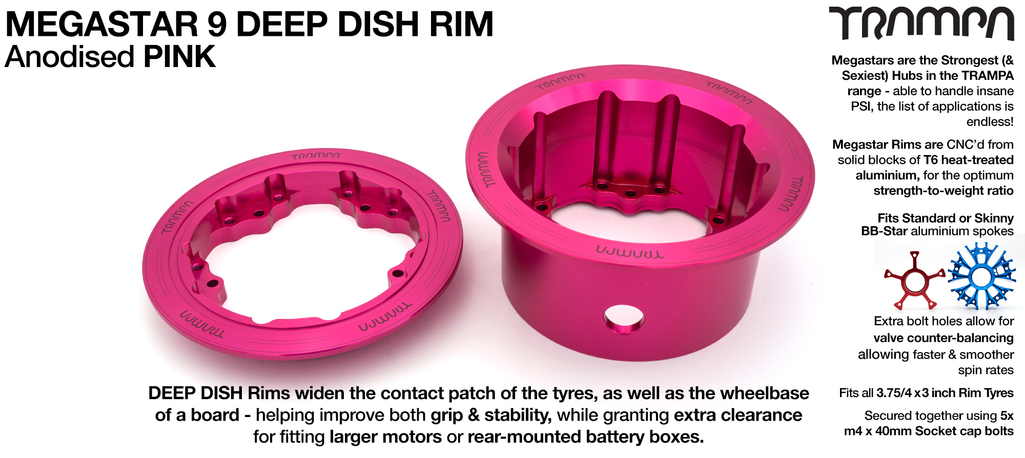 MEGASTAR 9 DD Rims Measure 3.75/4x 3 Inch. The Bearings are positioned DEEP-DISH OFF-SET & accept 3.75 & 4 Inch Rim Tyres - PINK