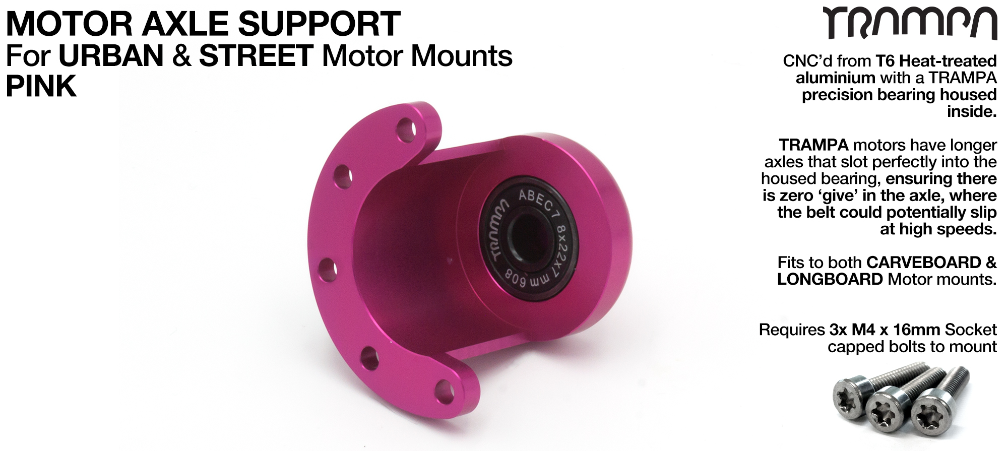 Motor Axle Support Housing with TRAMPA R608 8x22x7mm Bearing, C-Clip & Stainless Steel fixing Bolts for ORRSOM Longboard Motor Mounts  - PINK