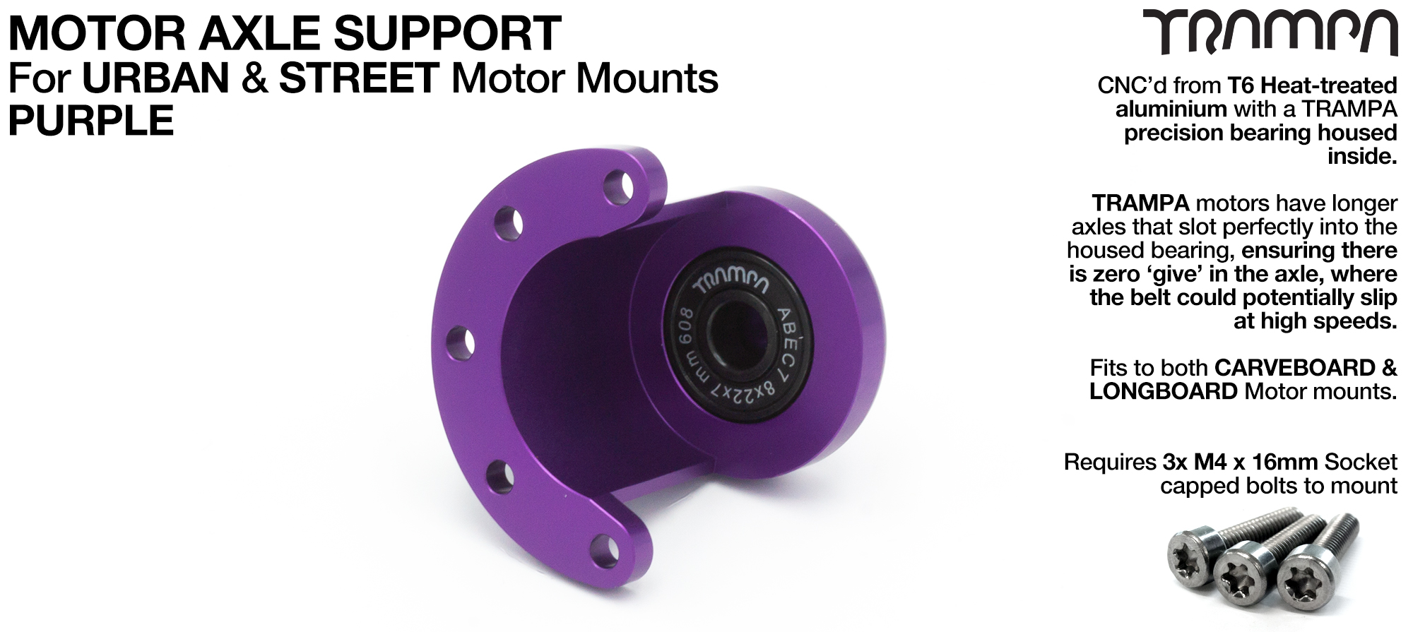 Motor Axle Support Housing with TRAMPA R608 8x22x7mm Bearing, C-Clip & Stainless Steel fixing Bolts for ORRSOM Longboard Motor Mounts  - PURPLE
