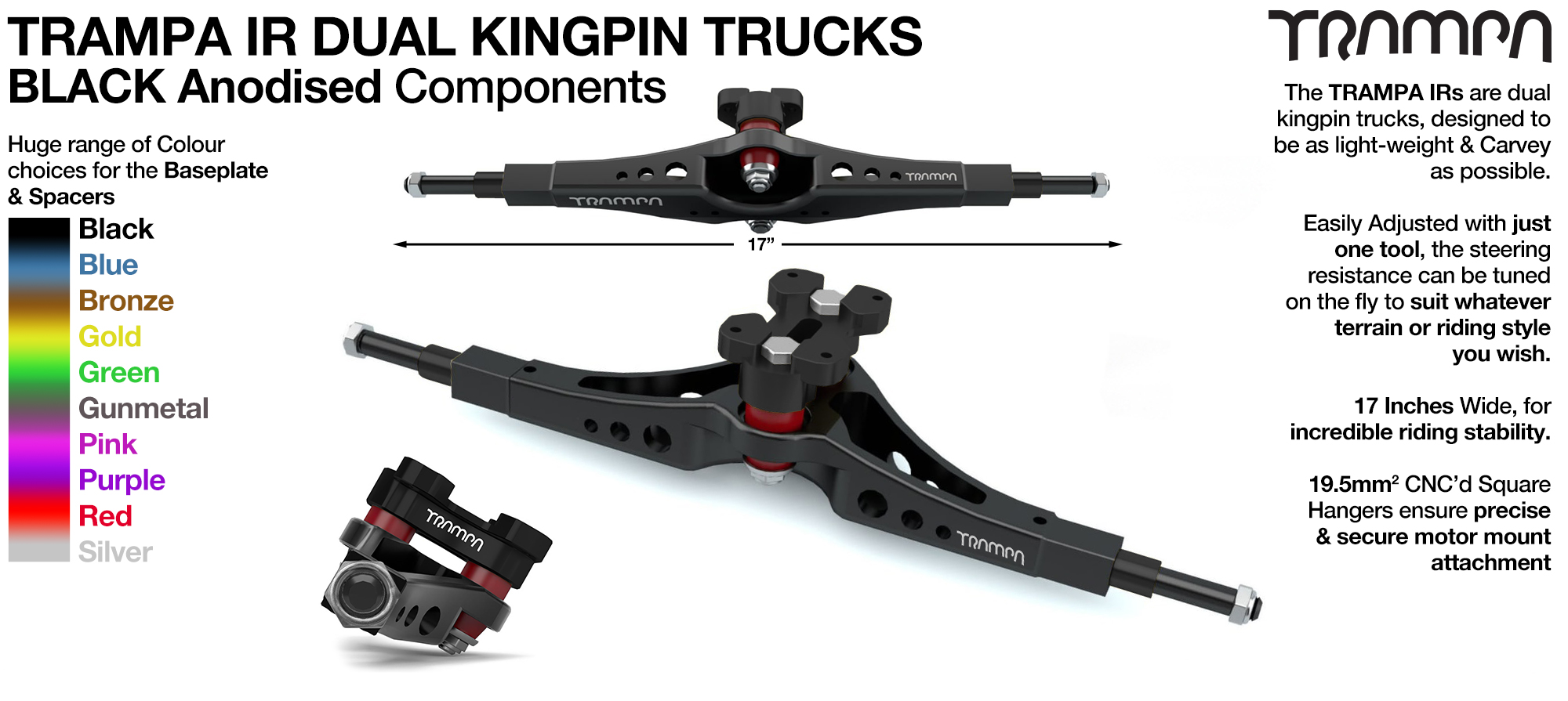 TRAMPA IR Double Kingpinned Skate Style Trucks fit every 19.1mm Motor Mount TRAMPA offers - BLACK 