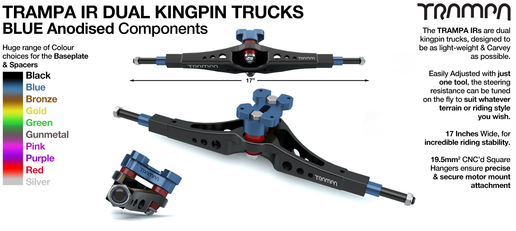 TRAMPA IR Double Kingpinned Skate Style Trucks fit every 19.1mm Motor Mount TRAMPA offers - BLUE
