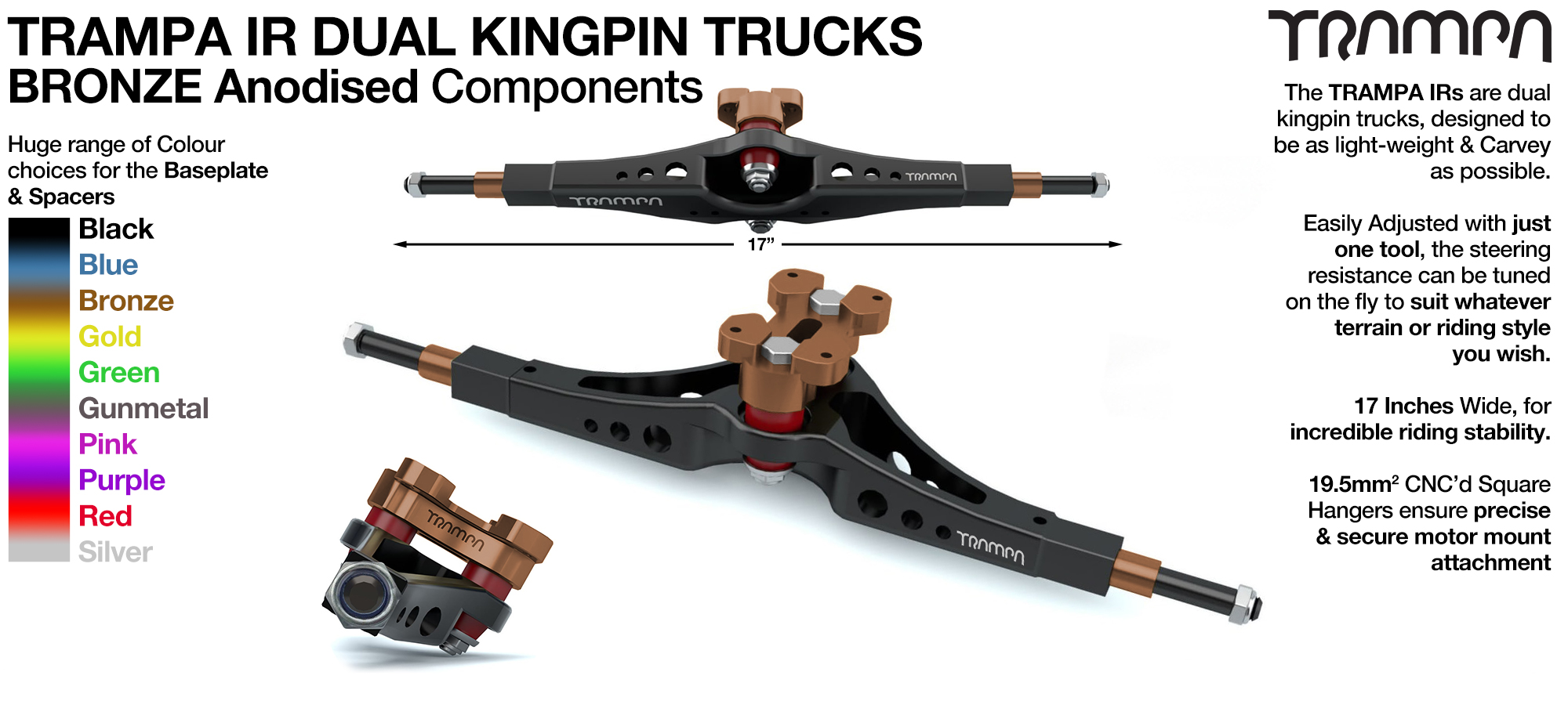 TRAMPA IR Double Kingpinned Skate Style Trucks fit every 19.1mm Motor Mount TRAMPA offers - BRONZE