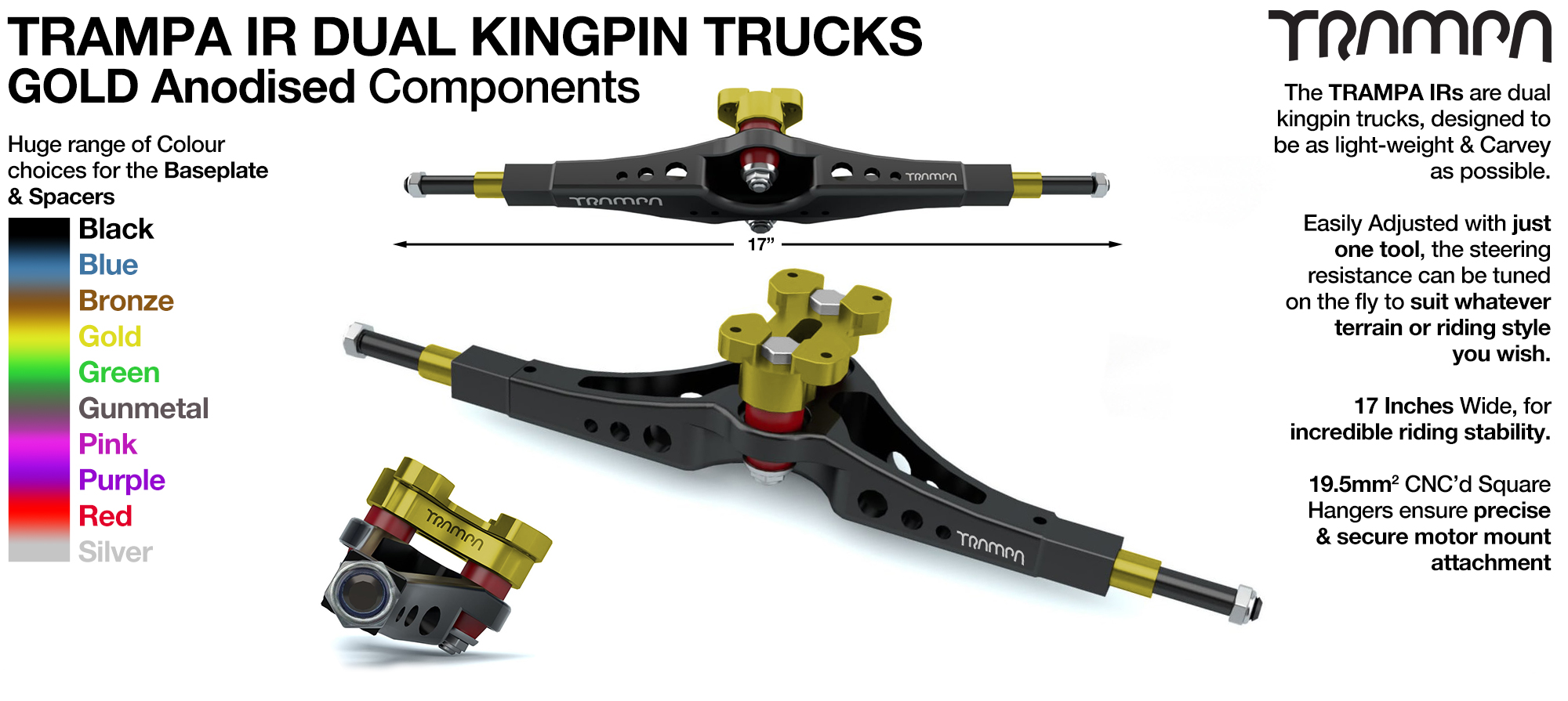 TRAMPA IR Double Kingpinned Skate Style Trucks fit every 19.1mm Motor Mount TRAMPA offers - GOLD
