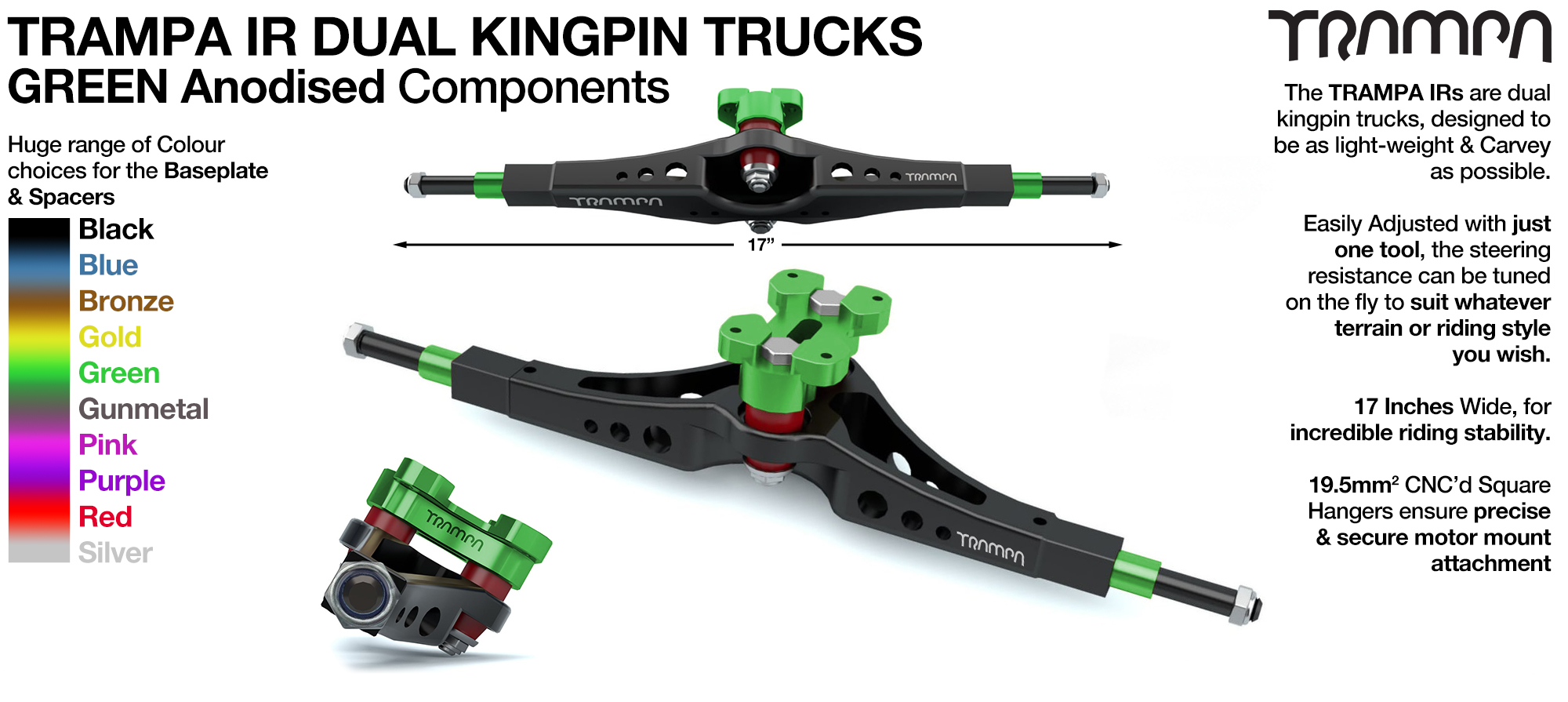 TRAMPA IR Double Kingpinned Skate Style Trucks fit every 19.1mm Motor Mount TRAMPA offers - GREEN