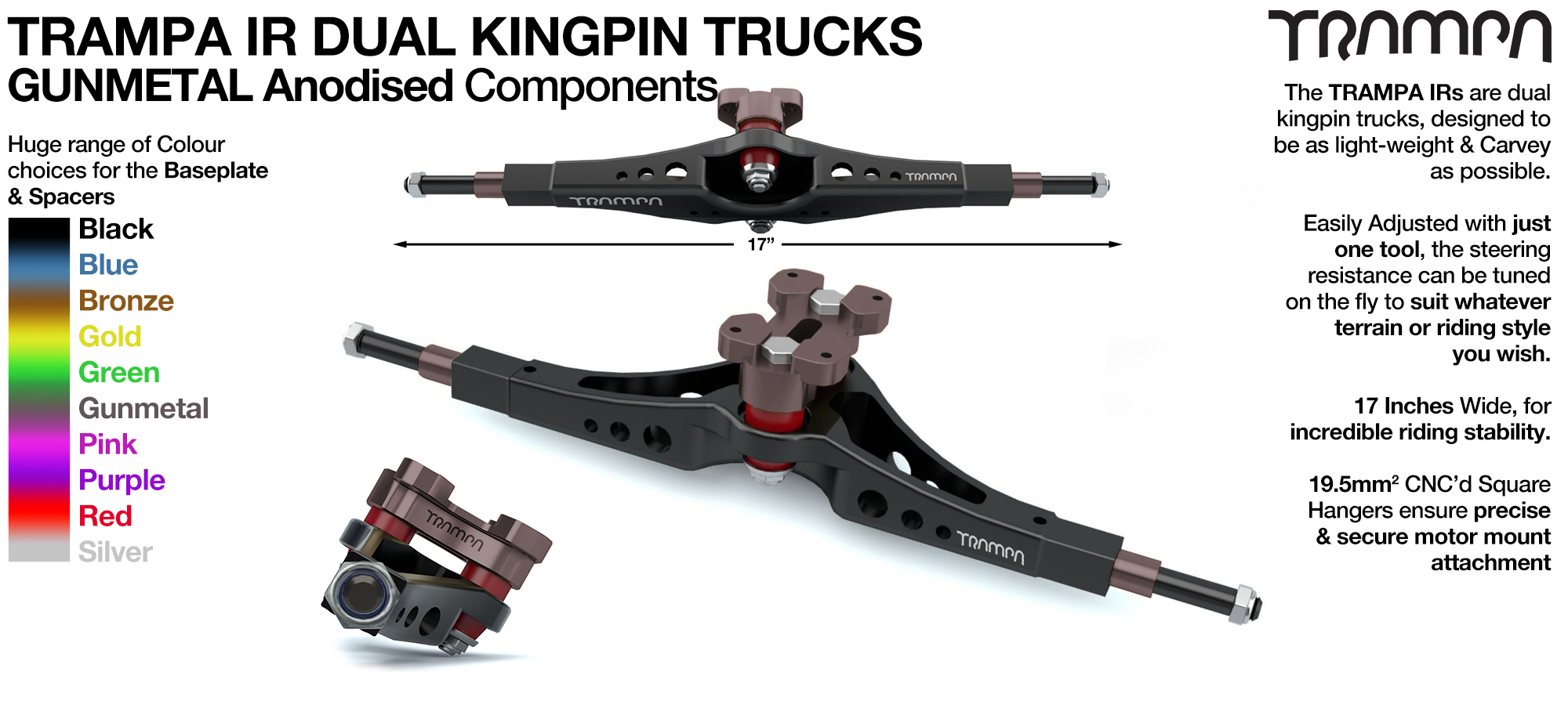 TRAMPA IR Double Kingpinned Skate Style Trucks fit every 19.1mm Motor Mount TRAMPA offers - GUNMETAL
