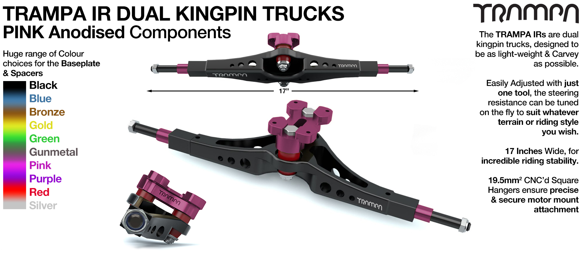 TRAMPA IR Double Kingpinned Skate Style Trucks fit every 19.1mm Motor Mount TRAMPA offers - PINK
