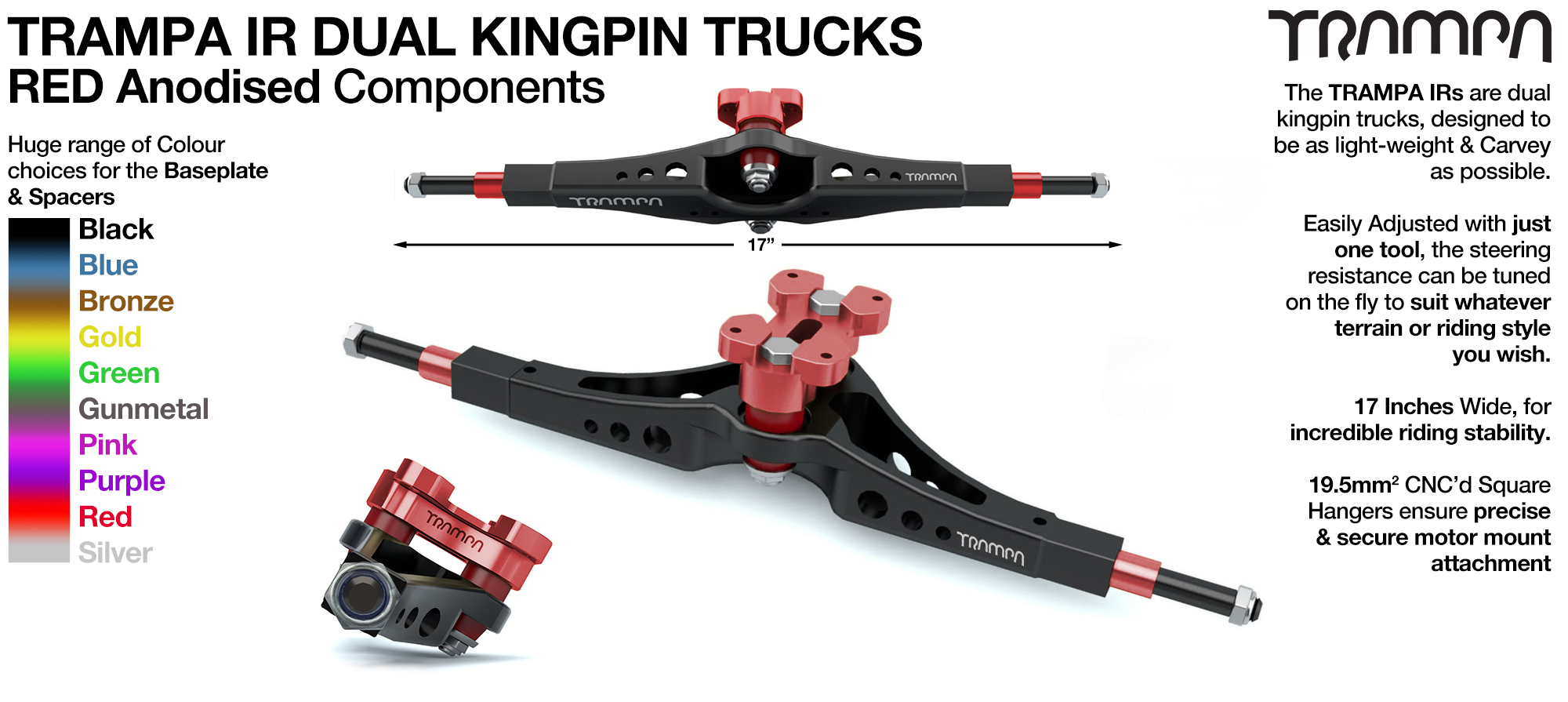 TRAMPA IR Double Kingpinned Skate Style Trucks fit every 19.1mm Motor Mount TRAMPA offers - RED