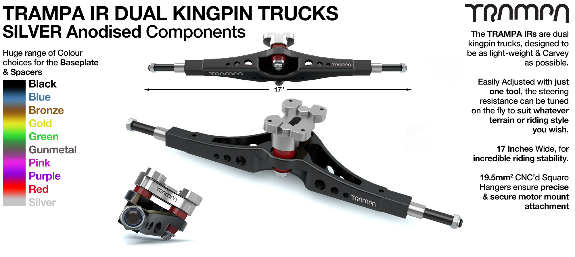 TRAMPA IR Double Kingpinned Skate Style Trucks fit every 19.1mm Motor Mount TRAMPA offers - SILVER