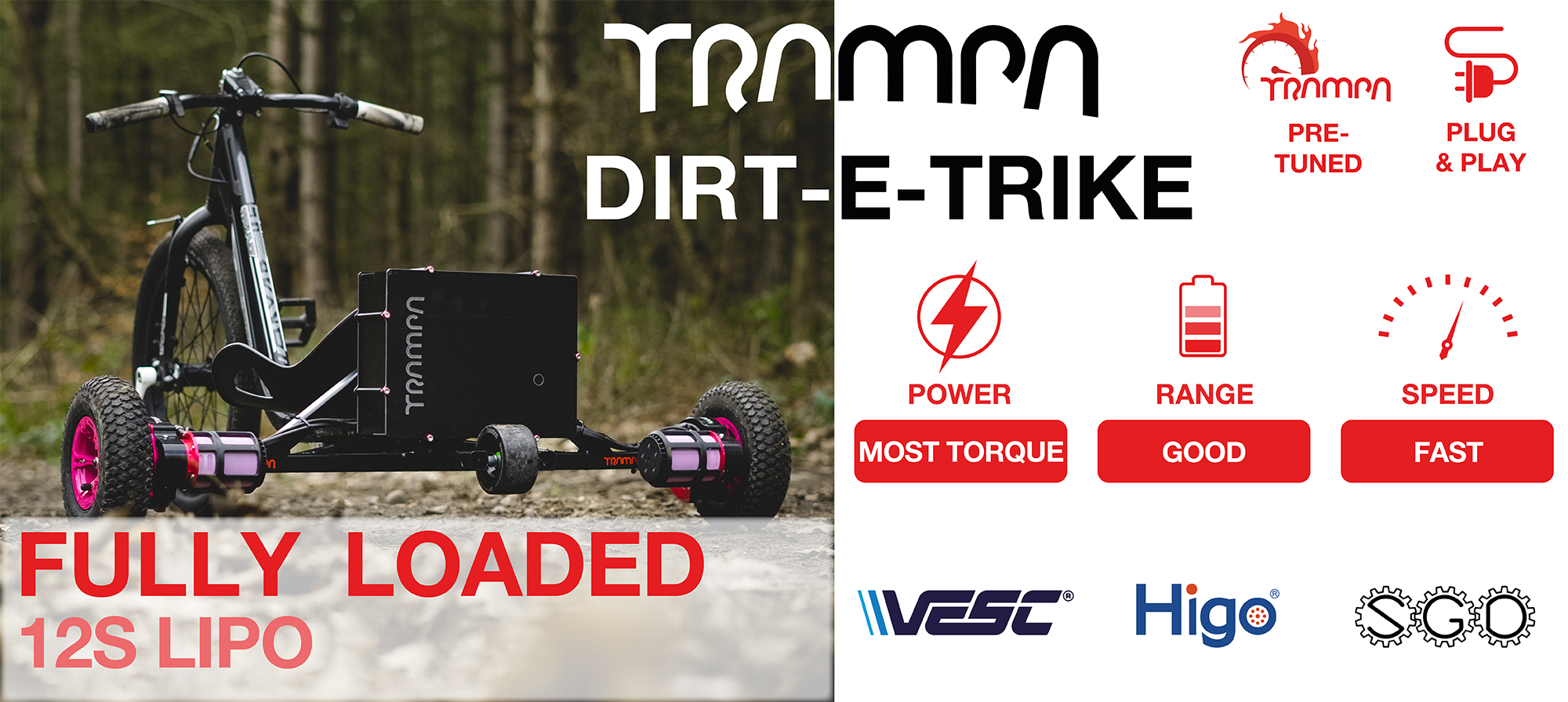TRAMPA's TRIPE-TRIKE is assembled from many of the exiting parts TRAMPA already uses to make its amazing Electric Mountainboard decks, there fore they have the same if not even more performance than the decks!!