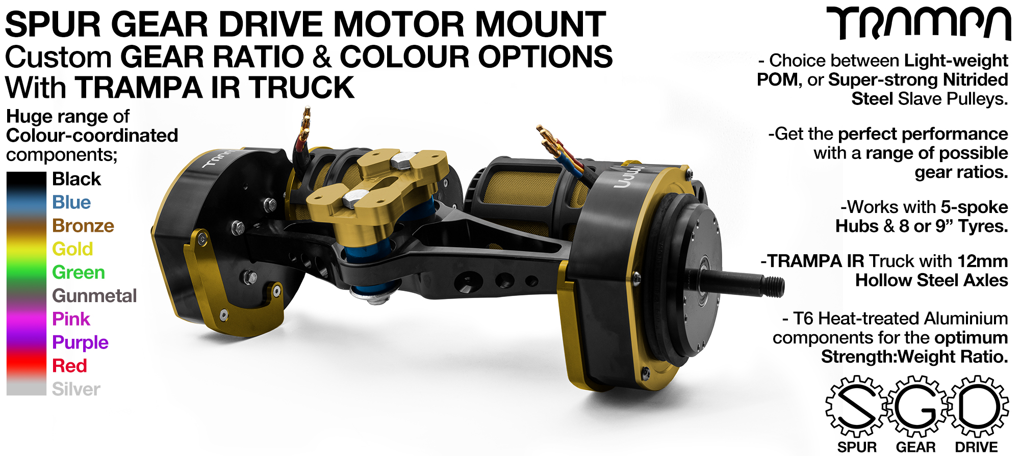 Spur Gear Drive Mountainboard Motor Mount & TRAMPA IR Truck