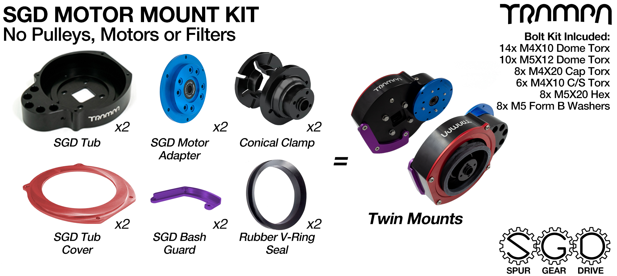Mountainboard Spur Gear Drive TWIN Motor Mount - NO Motor, No Filters & No Pulleys 