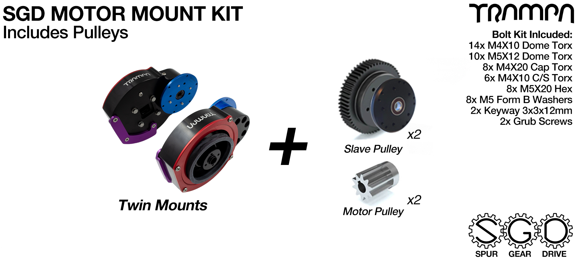 Mountainboard Spur Gear Drive TWIN Motor Mount with PULLEYs - NO Motor, NO Filters 