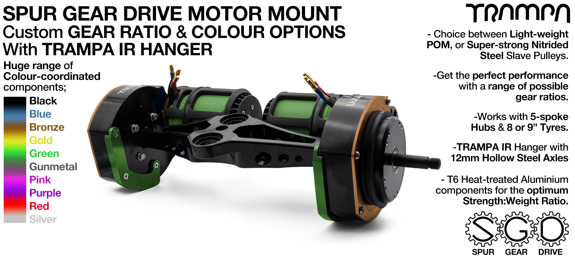 Mountainboard Spur Gear Drive TWIN with PULLEYS & FILTERS Mounted on a TRAMPA IR Hanger 