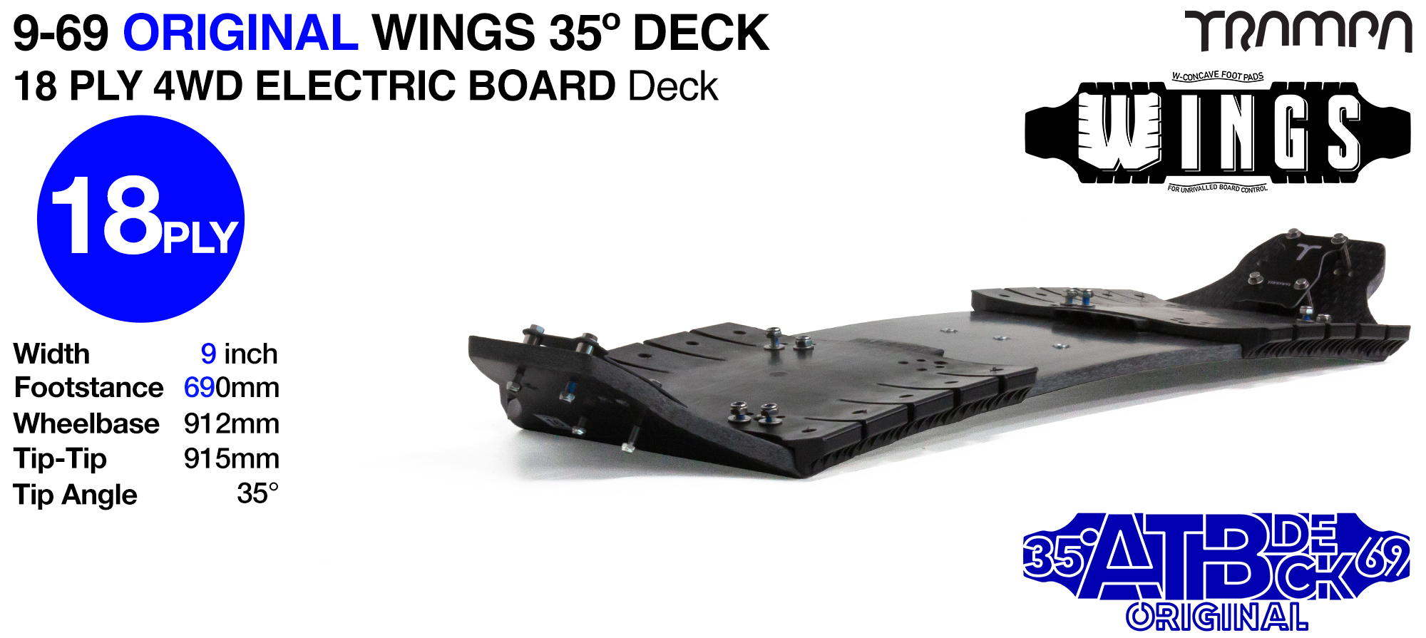 TRAMPA 35° 9/69 4WD Mountainboard Deck with WINGS - WINGS give safe cable routing, add W Shaped concave & the increase the width of the deck from 9 to 10 Inches - 18ply 