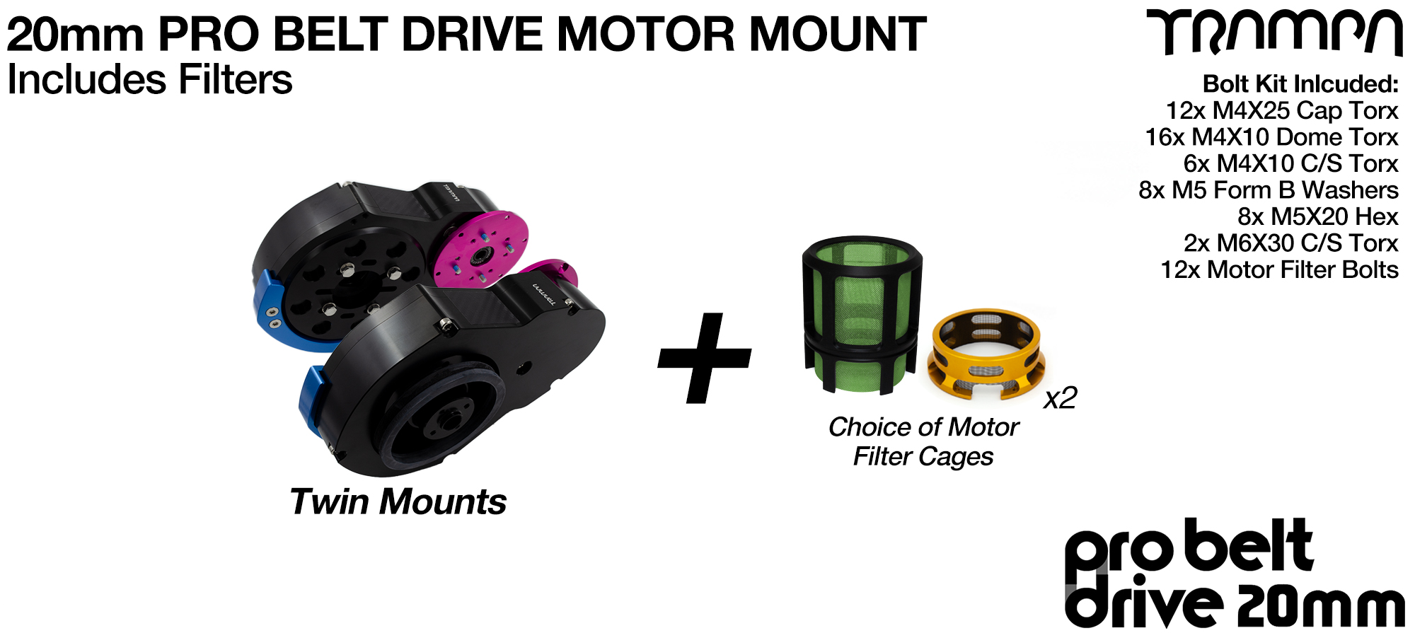 20mm PRO BELT DRIVE Motor Mounts with FILTERS - NO Pulleys & NO Motors
