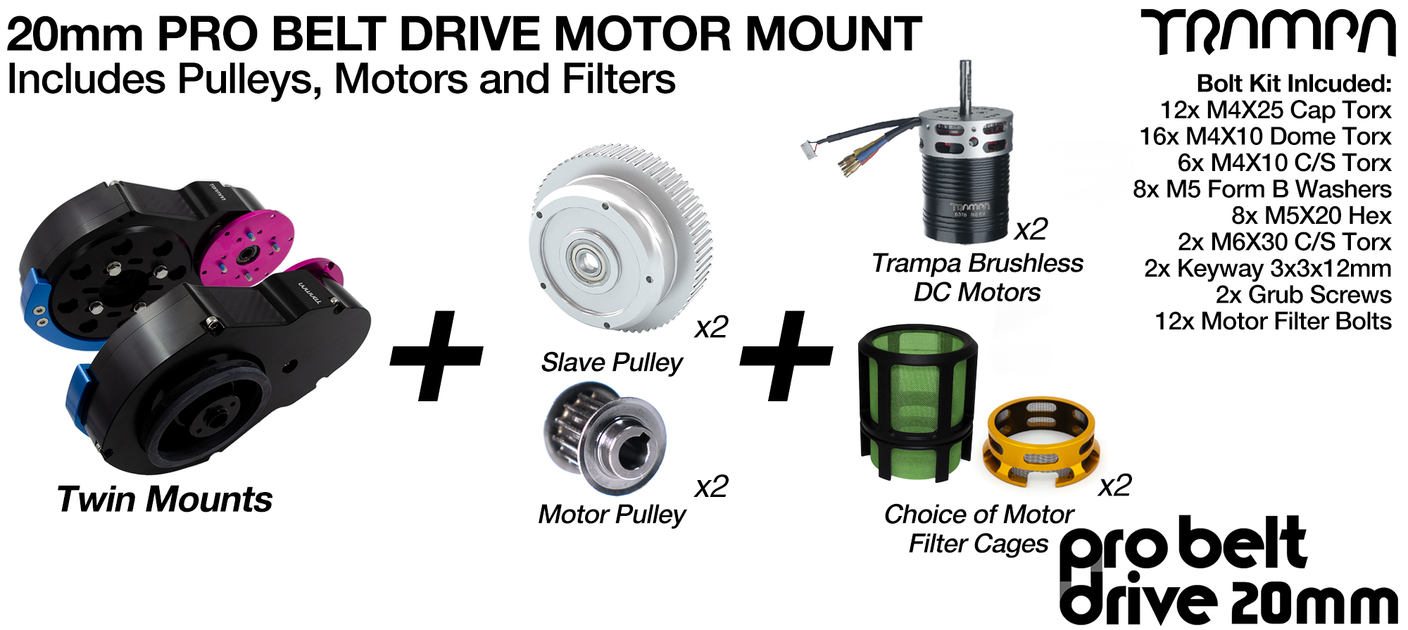 20mm PRO BELT DRIVE Motor Mounts with MOTORS PULLEYS & Motor PROTECTION FILTERS - LOADED