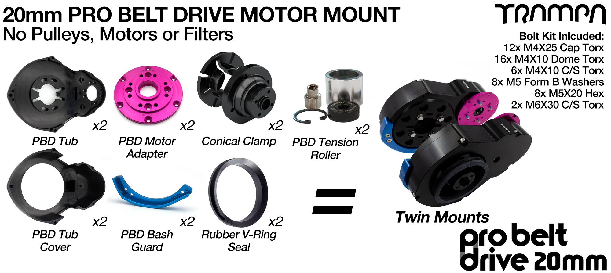 20mm PRO BELT DRIVE Motor Mounts - NO Pulleys NO Filters & NO Motors