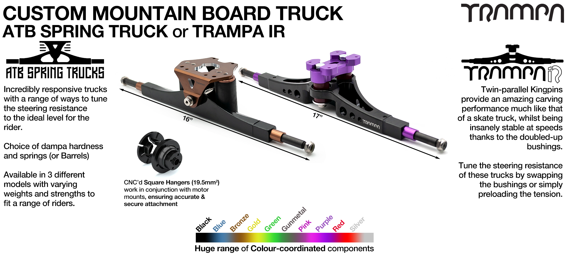 Custom Mountainboard Truck CNC Precision made 16 or 17 Inch wide Mountainboard Trucks 'Channel Style (Spring) or 'Double King-Pinned' (Skate) Style