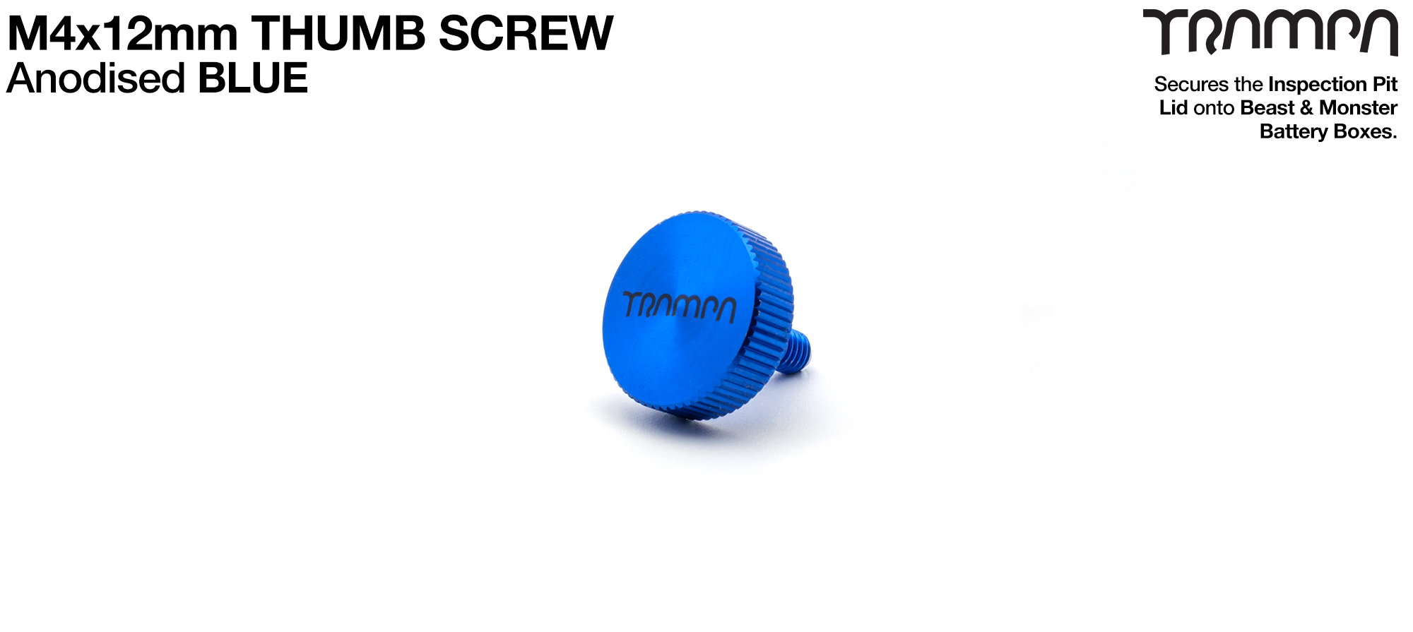 M4x 12mm Anodised Aluminium THUMB SCREW - colour co-ordinatingly secures the Inspection Pit lid on to the Battery Box - BLUE