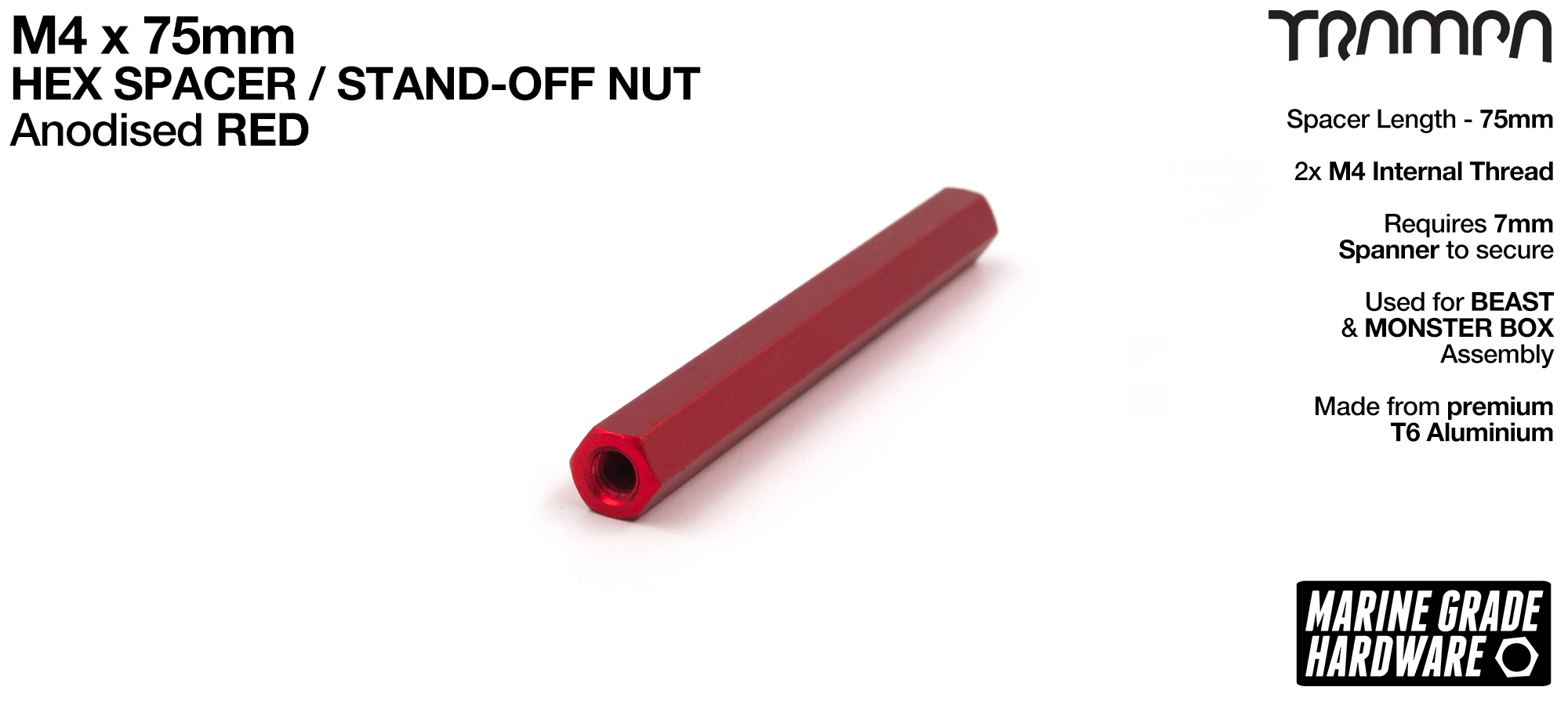 M4 x 75mm Aluminium Threaded HEX Spacer Nut used for assembling the MONSTER Battery Boxes - RED