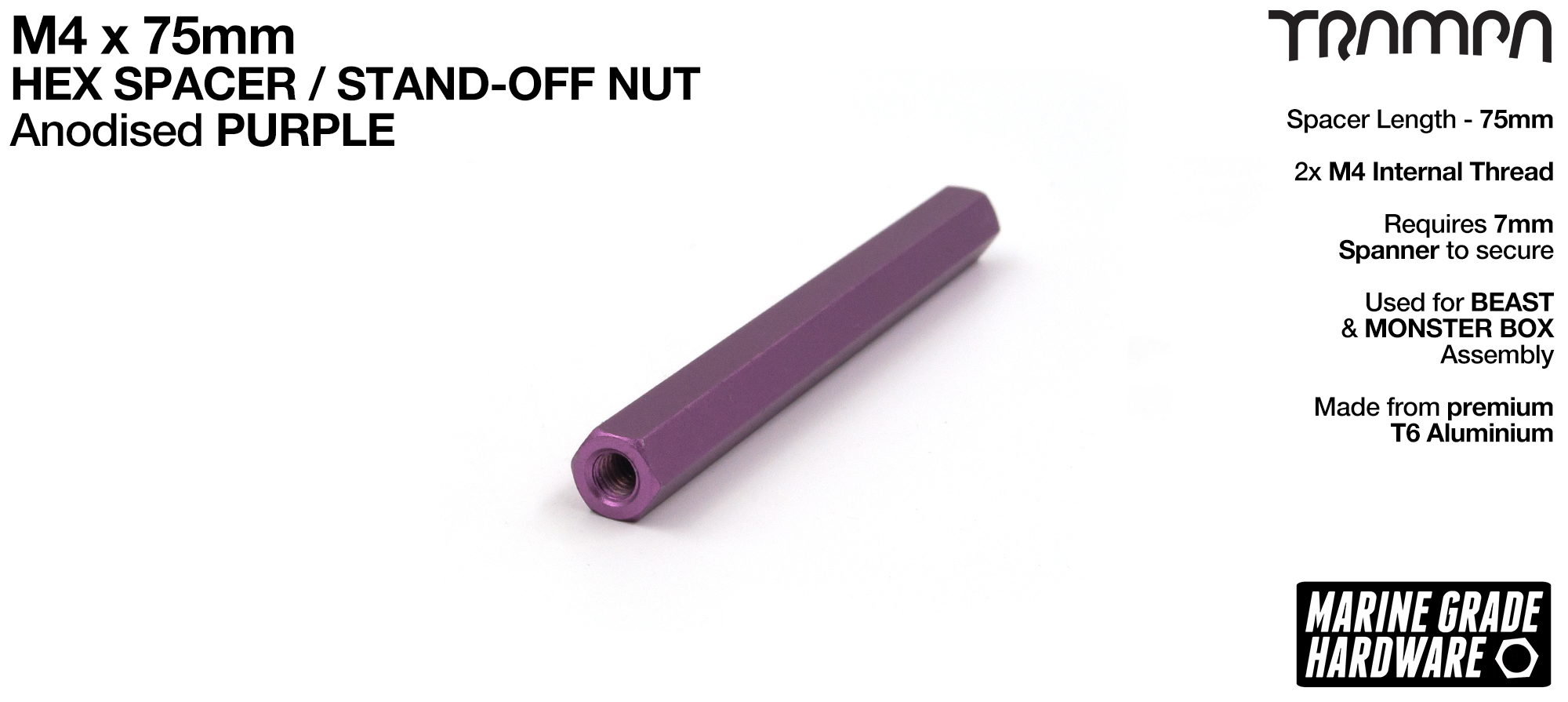 M4 x 75mm Aluminium Threaded HEX Spacer Nut used for assembling the MONSTER Battery Boxes - PURPLE