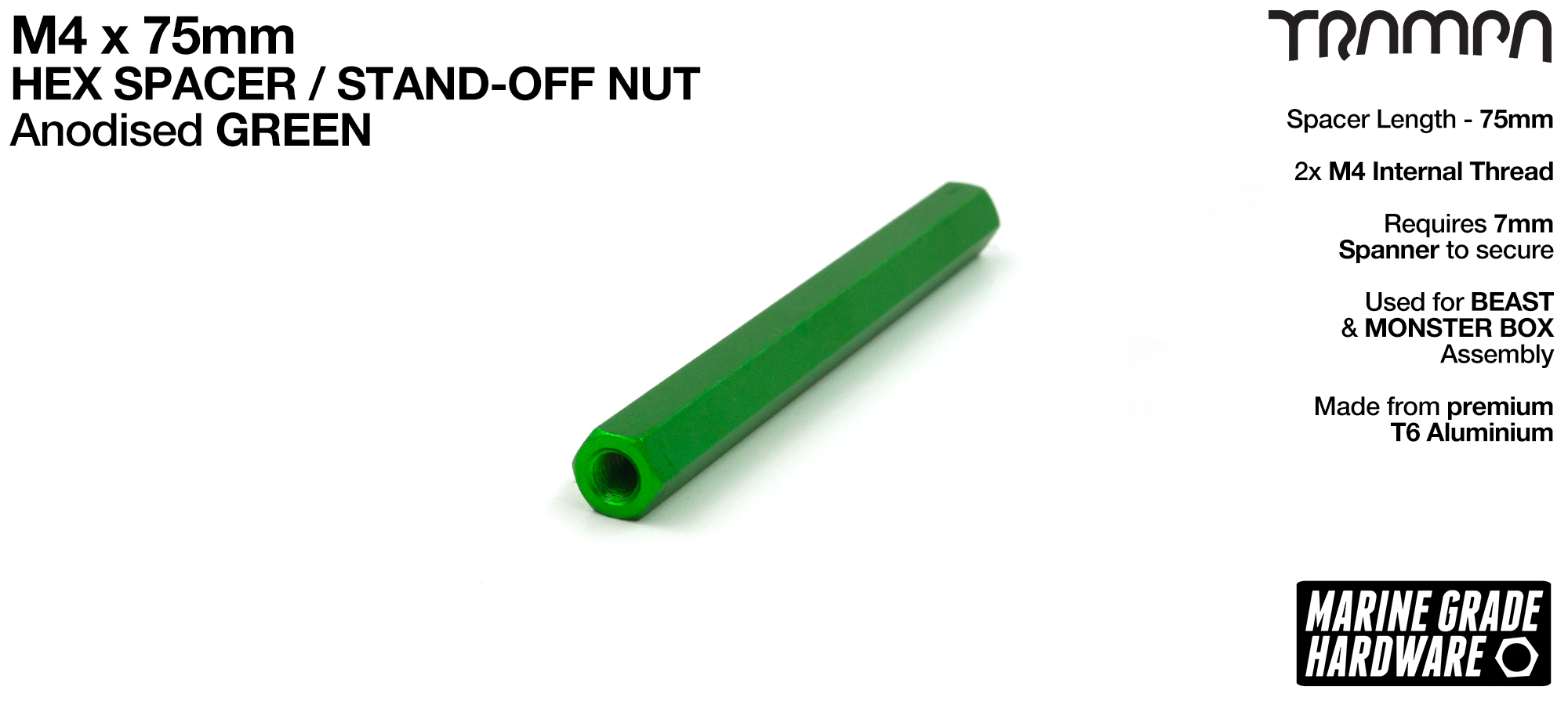 M4 x 75mm Aluminium Threaded HEX Spacer Nut used for assembling the MONSTER Battery Boxes - GREEN