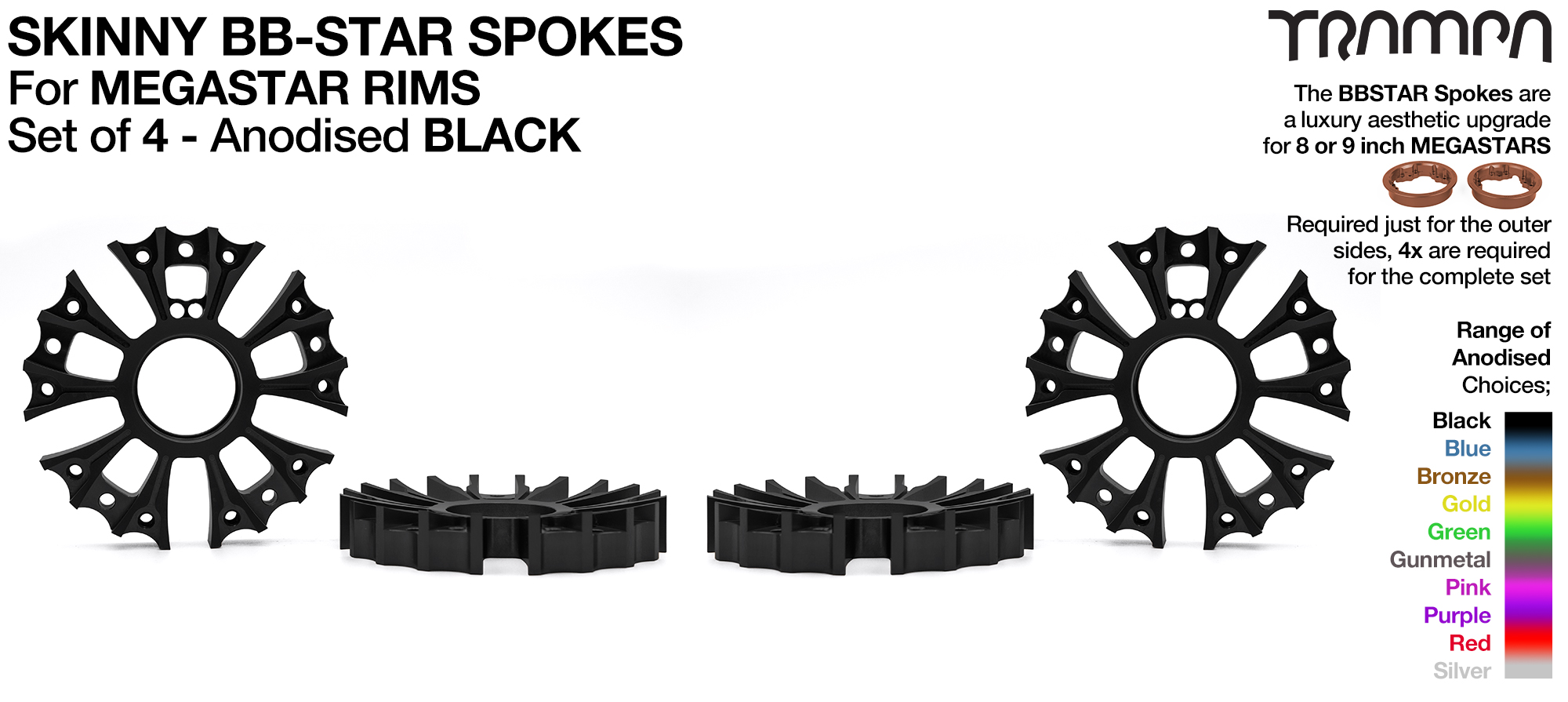 4x BBStar SKINNY Spokes fit all MEGASTAR Hubs - BLACK