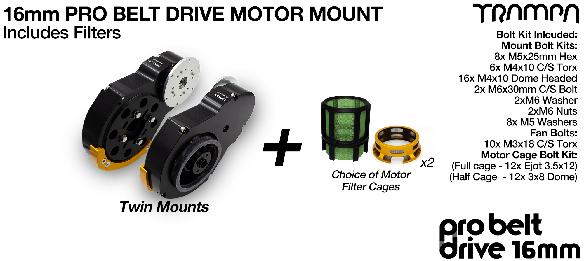 16mm PRO BELT DRIVE Motor Mounts with FILTERS - NO Pulleys & NO Motors