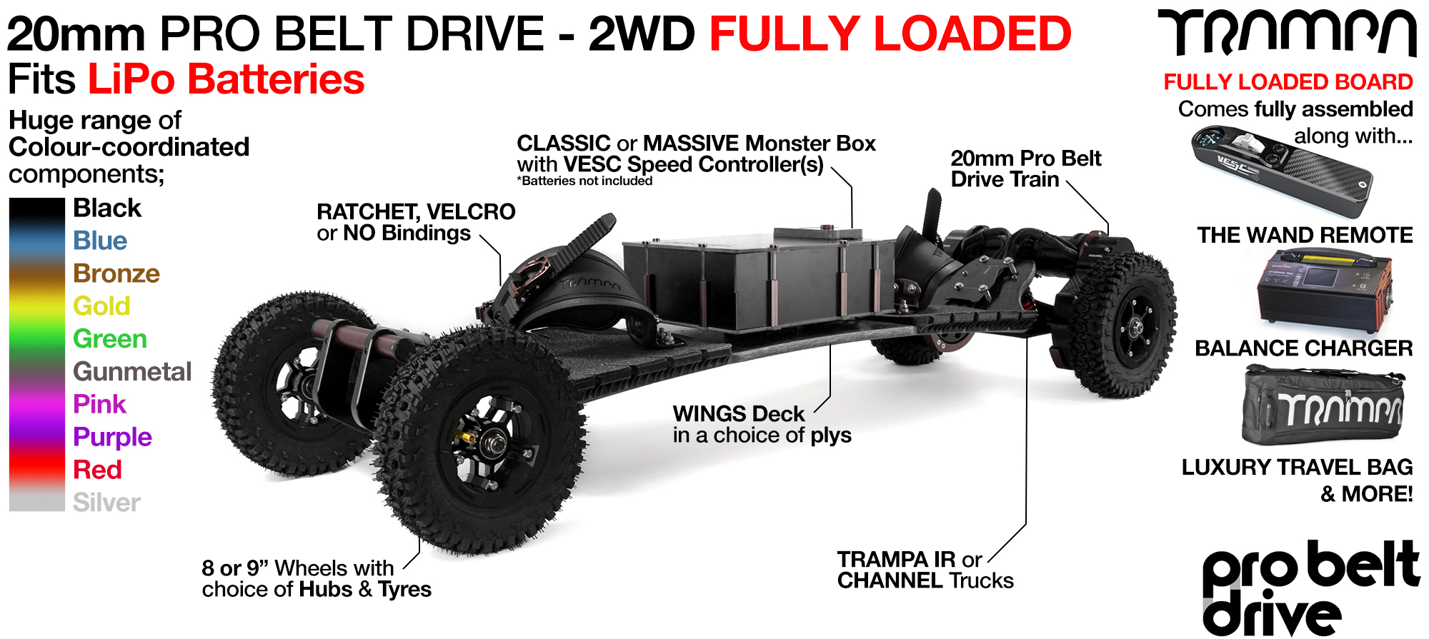 TRAMPA 20mm PRO BELT DRIVE Electric mountainboard FULLY LOADED to fit Li-Po Cells with The WAND TWIN 12s ULTRA POWER Charger & Bull Bars shipped Assembled In a Luxury Bag as standard 