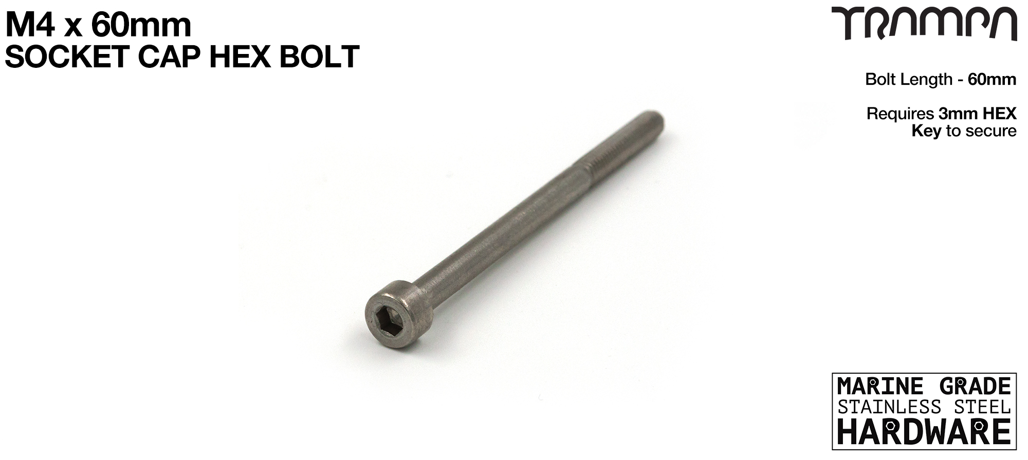 M4 x 60mm Socket Capped Allen-Key Bolt - Marine Grade Stainless steel Extends the connection from Spur Gear Drive Setup