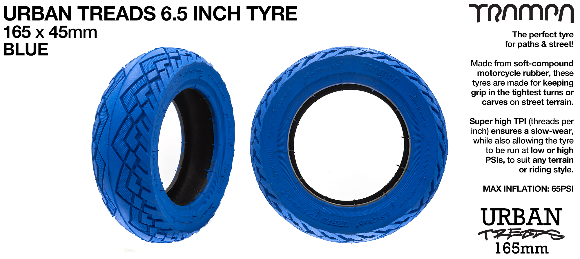 URBAN TREADS 6 Inch Tyre measures 3.75x 1.75x 6.5 Inch or 165x 45mm with 3.75 inch Rim & fits all 3.75 inch Hubs - BLUE 