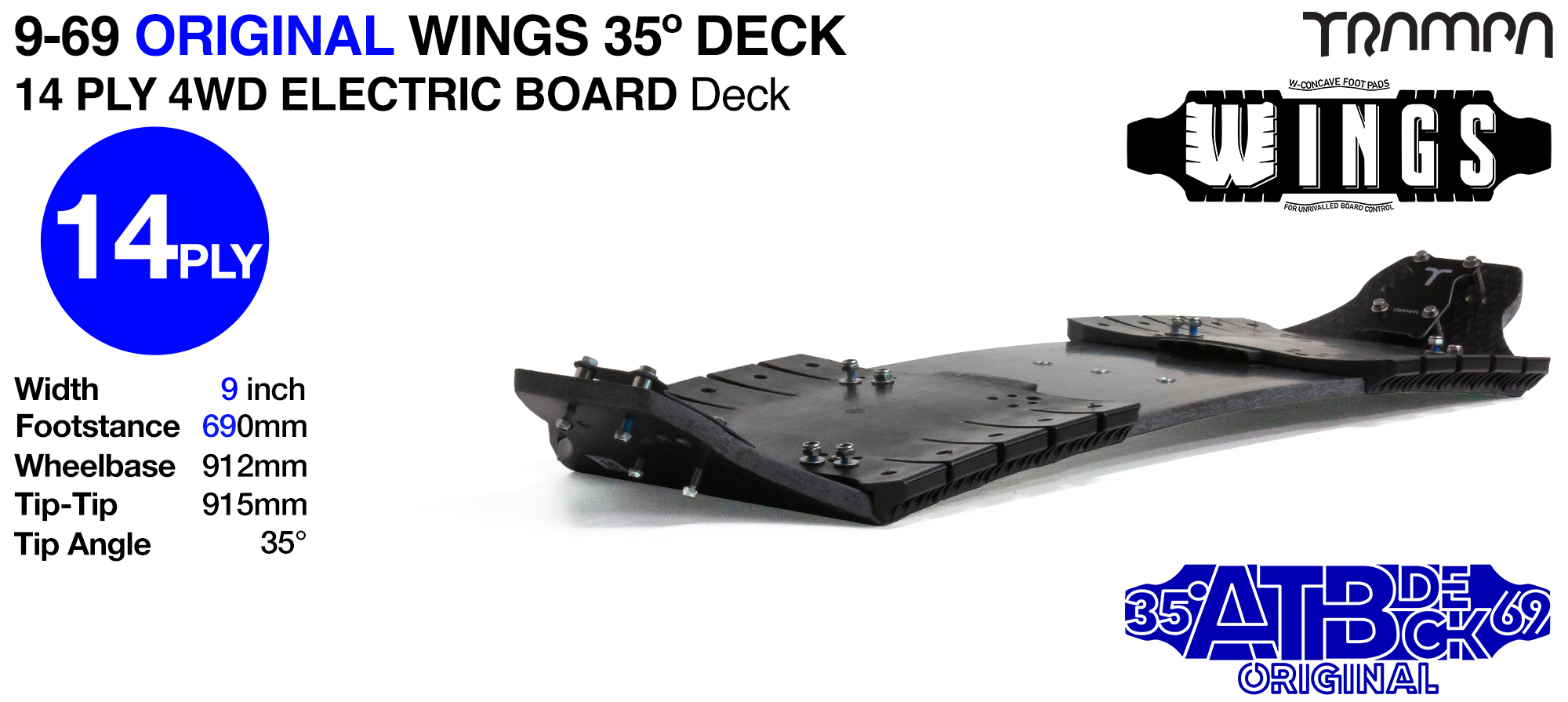 TRAMPA 35° 9/69 4WD Mountainboard Deck with WINGS - WINGS give safe cable routing, add W Shaped concave & the increase the width of the deck from 9 to 10 Inches - 14ply
