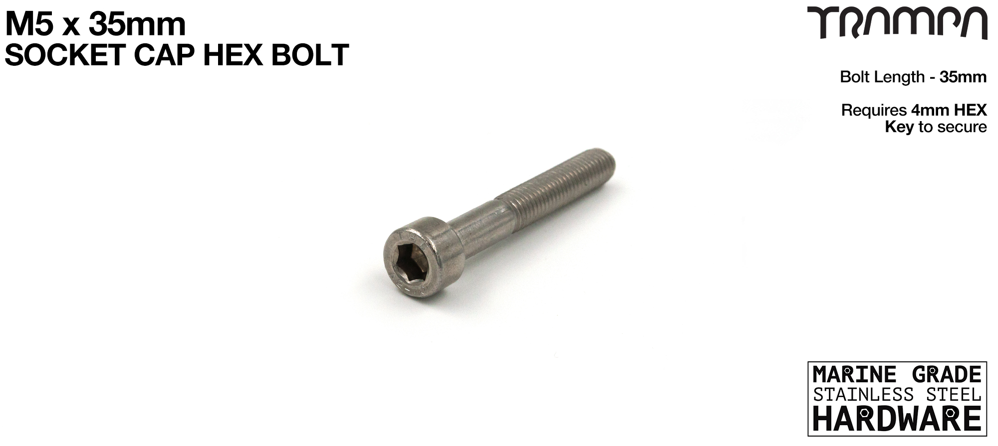 M5 x 35mm Socket Capped Head Allen-Key Bolt ISO 4762 Marine Grade Stainless Steel 